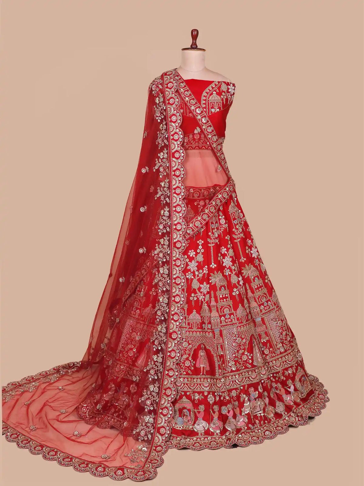 Luxury Custom Red Silk Bridal Lehenga with Palace Wedding Scene Embroidery