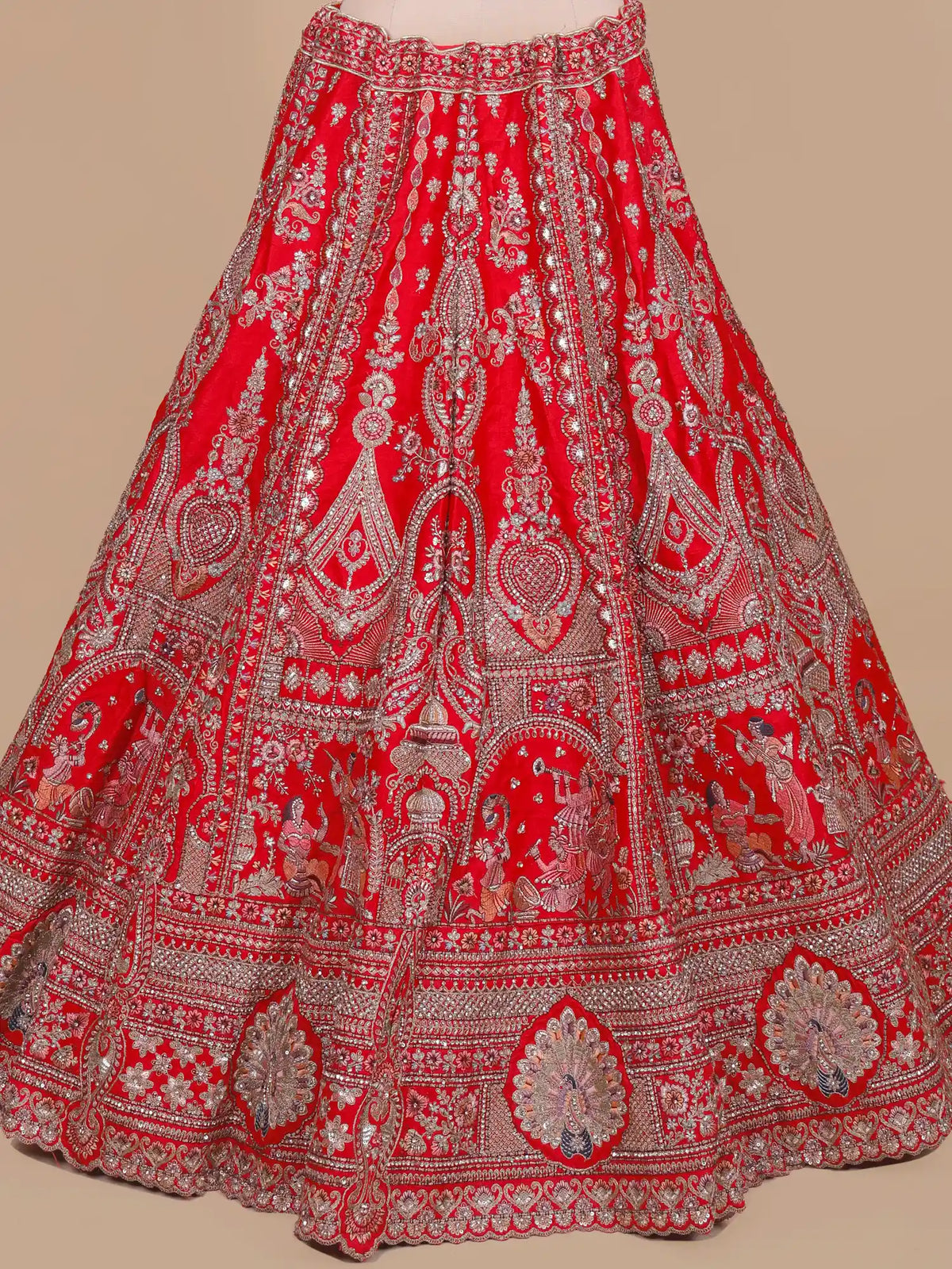 Bridal Story Red Silk Unstitched Lehenga With Peacock Musician Embroidery