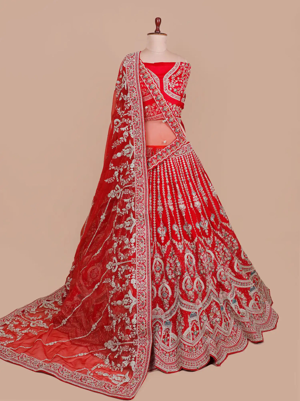 Red Silk Couture Lehenga with Domed Motifs and Intricate Silver Embroidery