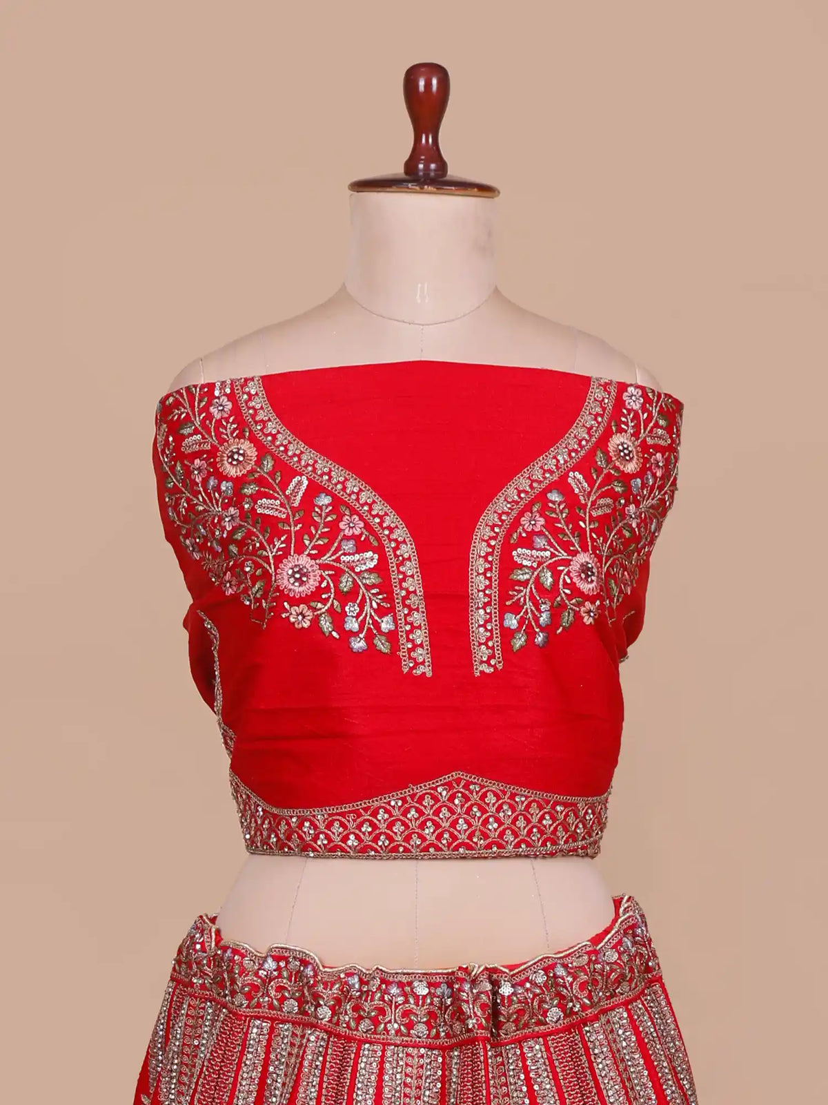 Scarlet Ceremony Red Silk Unstitched Lehenga With Diamond Moti Work