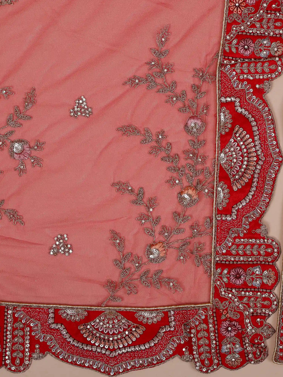 Crimson Heritage Red Silk Bridal Lehenga With Peacock and Tree Motif Detailing