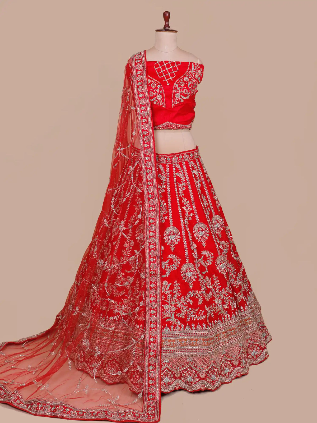Buy Red Silk Bridal Lehenga with Floral Panels and Embellished Blouse