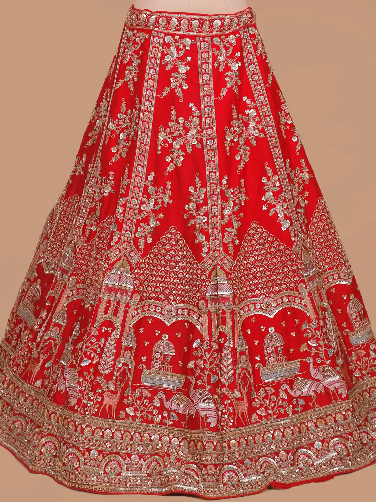 Crimson Red Silk Bridal Lehenga Featuring Architectural and Wildlife Designs