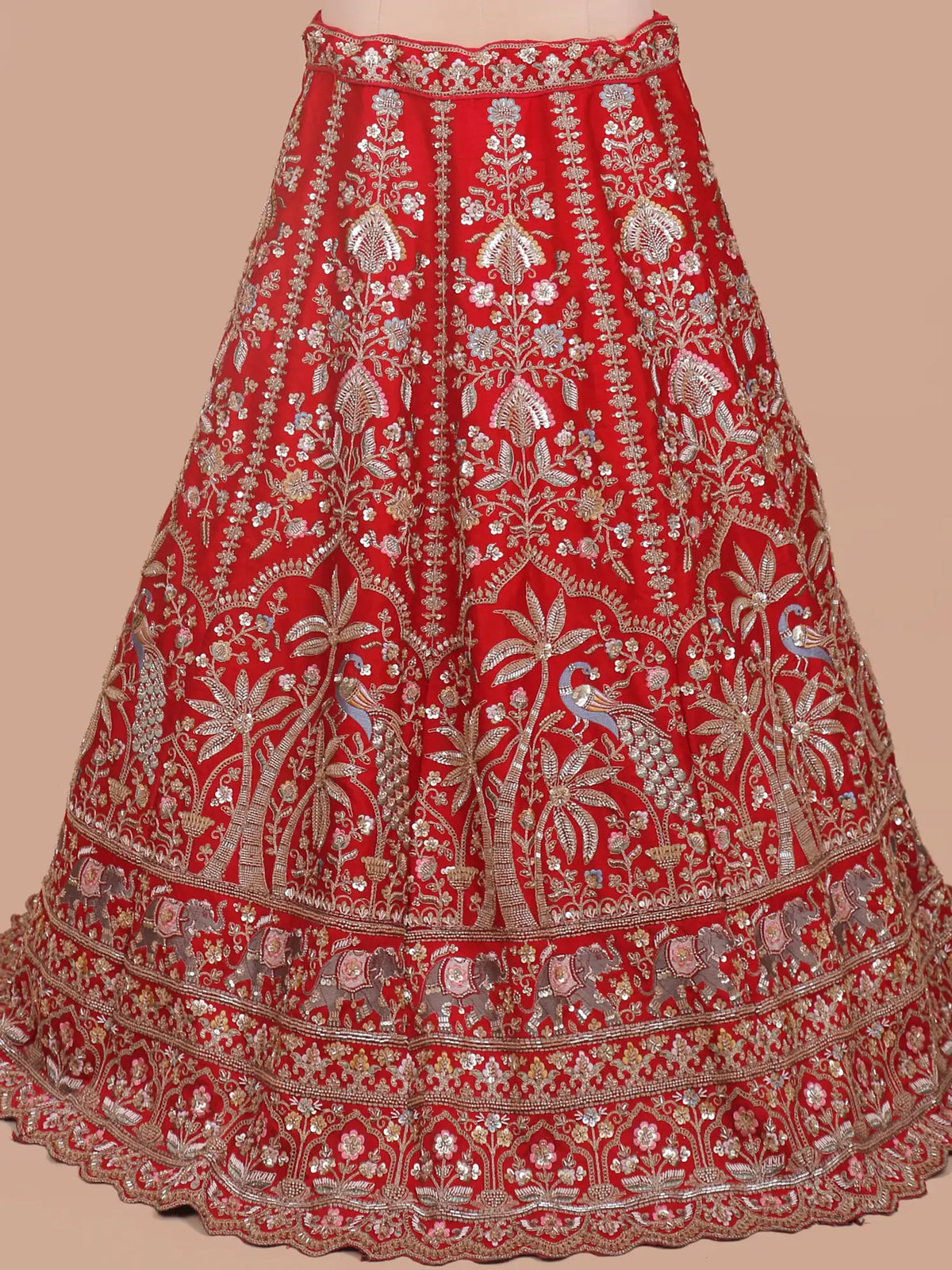 Grand Red Silk Bridal Lehenga with Floral Paisley and Peacock Embroidery