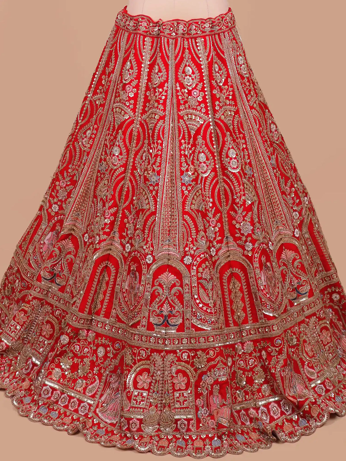 Architectural Red Bridal Lehenga Featuring Peacock Accents and  Floral Embroidery