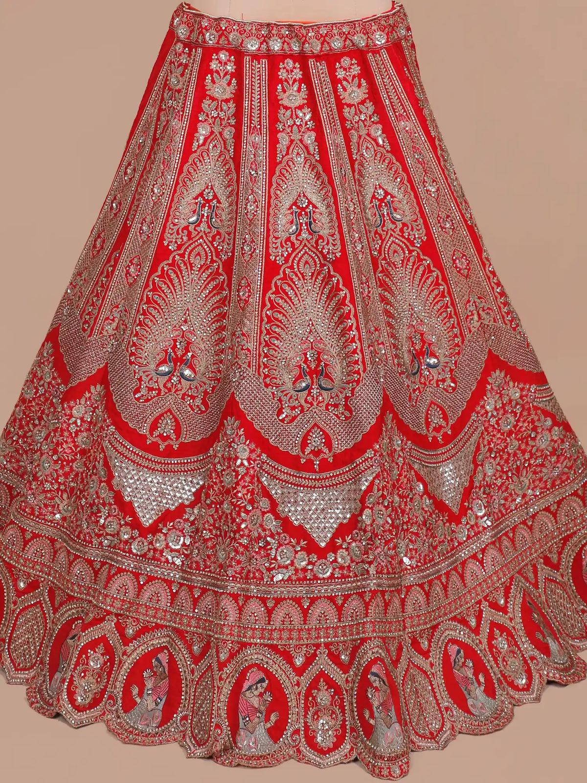 Red Silk Luxury Wedding Lehenga with Intricate Peacock and Sequin Embroidery