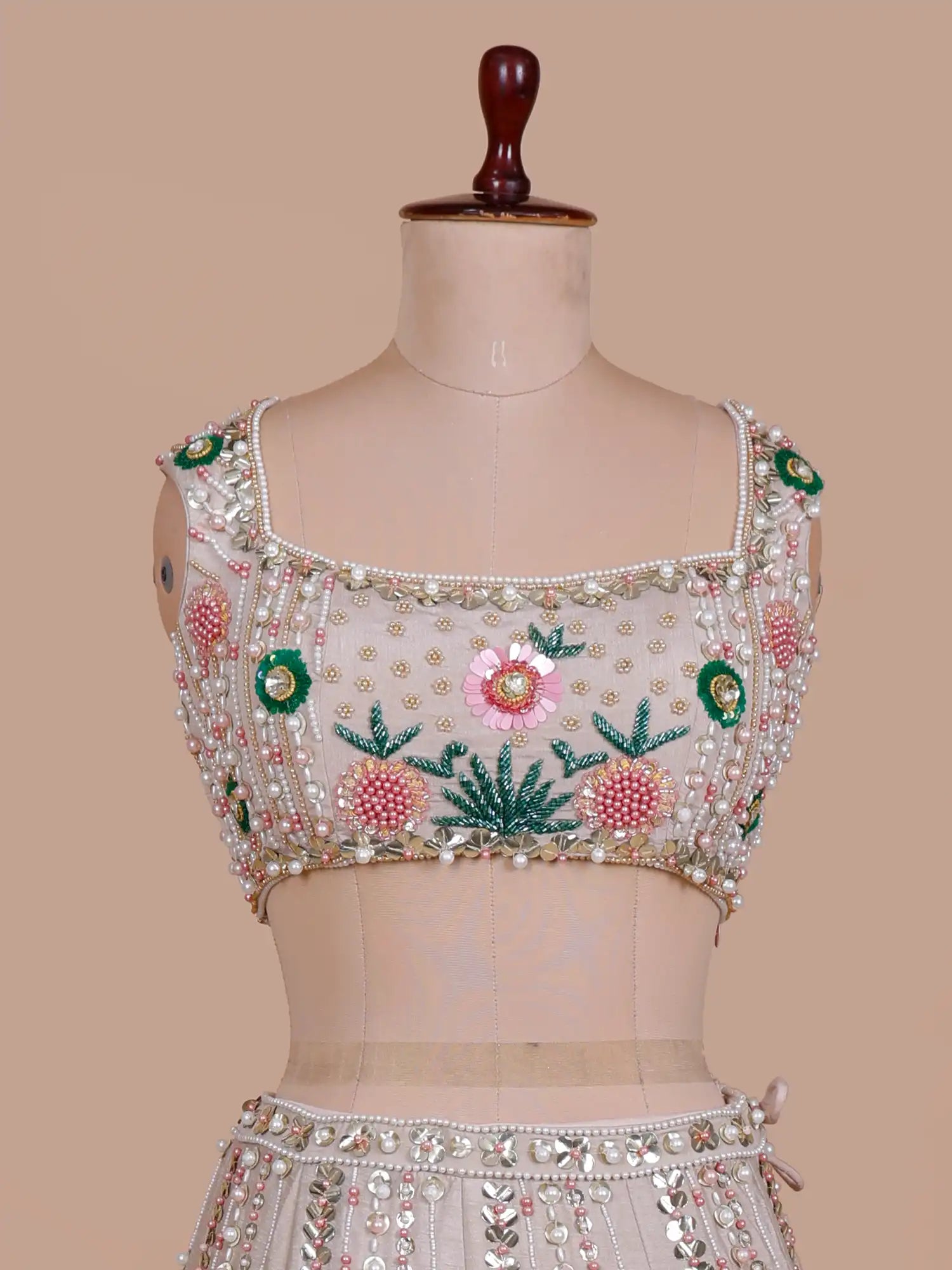 Exclusive Biscuit Color PDP Inspired Silk Lehenga With Crystal Sequin Craft