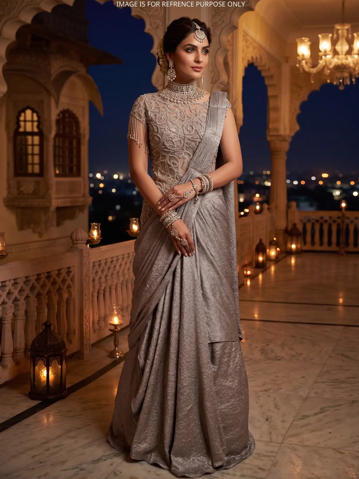 Refined Grey Imported Pre Drape Saree Showcasing Moti Cut Dana Work