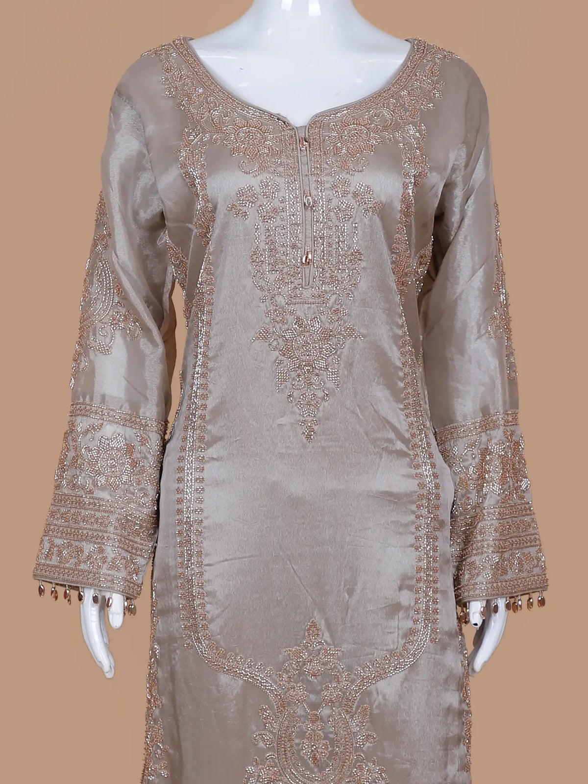 Elegant Chickoo Shimmer Silk Salwar Suit with Floral Bead Detailing
