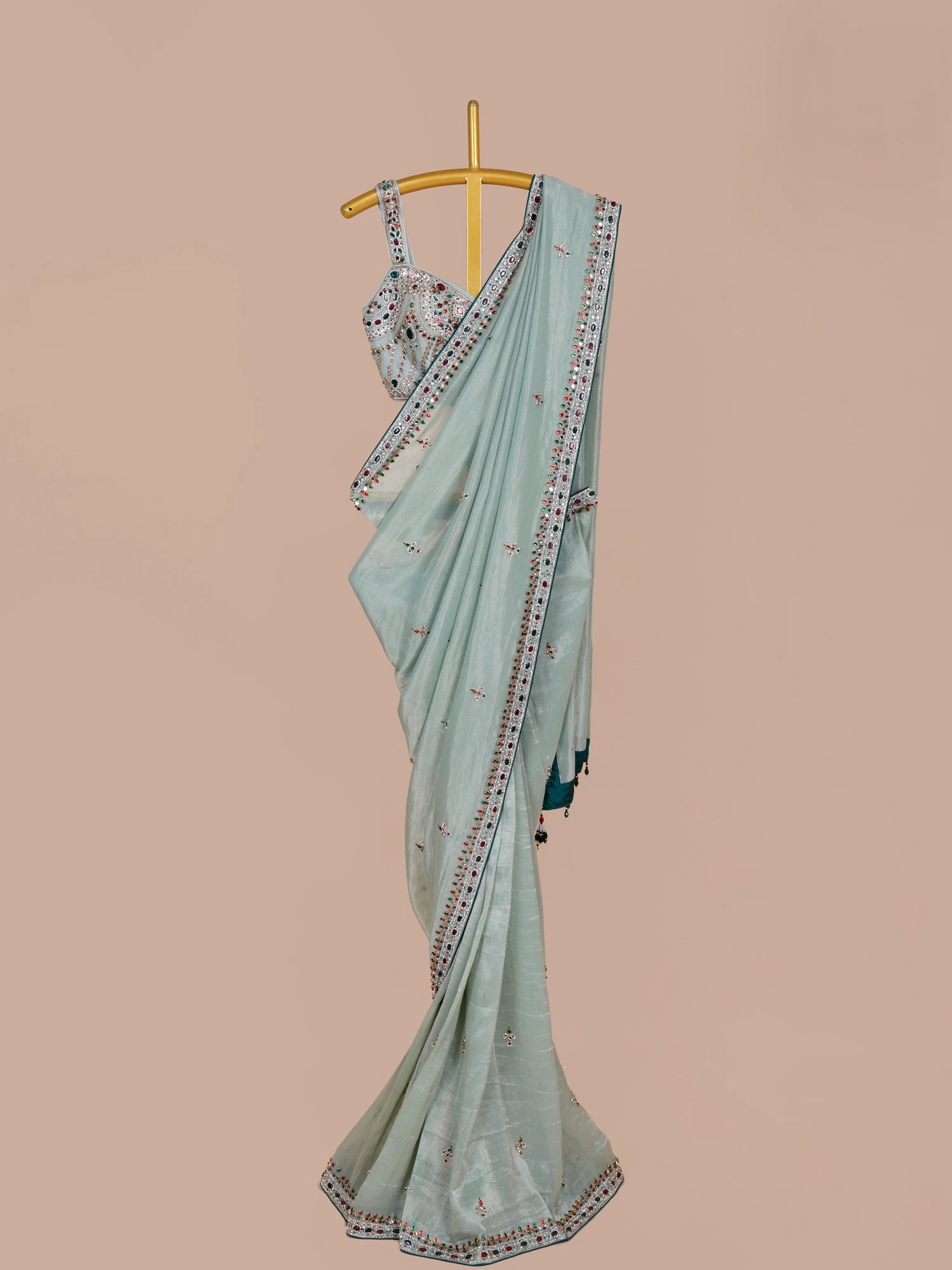 Pista Green Lumina Shimmer Organza Designer Saree With Crystal Charm