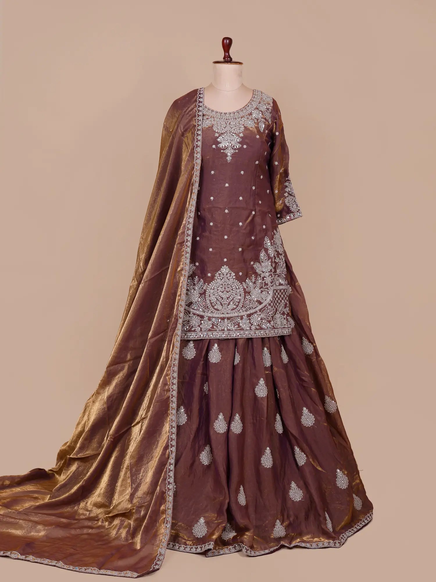 Elegant Traditional Brown Peplum Lehenga Featuring Heritage Work