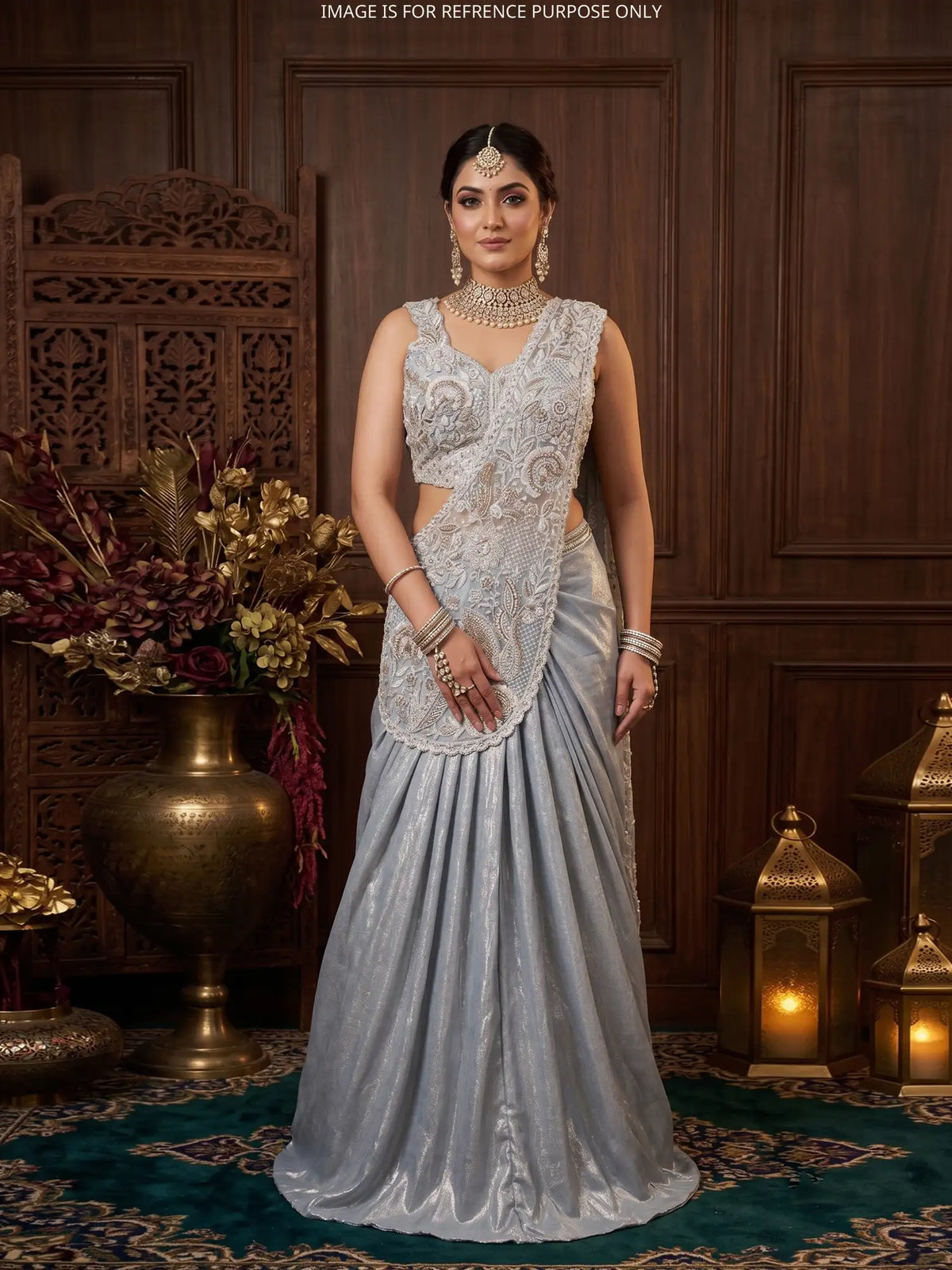 Regal Ice Blue Imported Silk Pre Drape Saree with Floral Beadwork