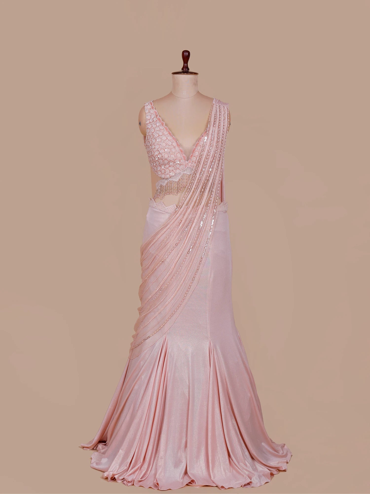 Majestic Light Peach Imported Fishcut Lehenga With Designer Drape