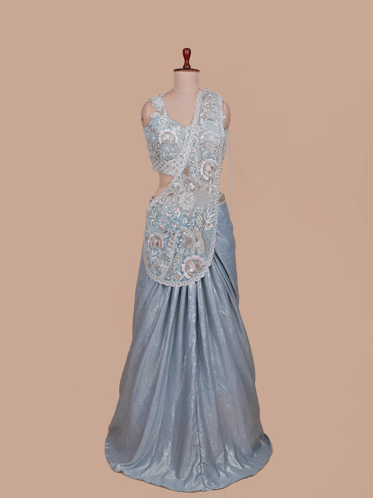 Regal Ice Blue Imported Silk Pre Drape Saree with Floral Beadwork