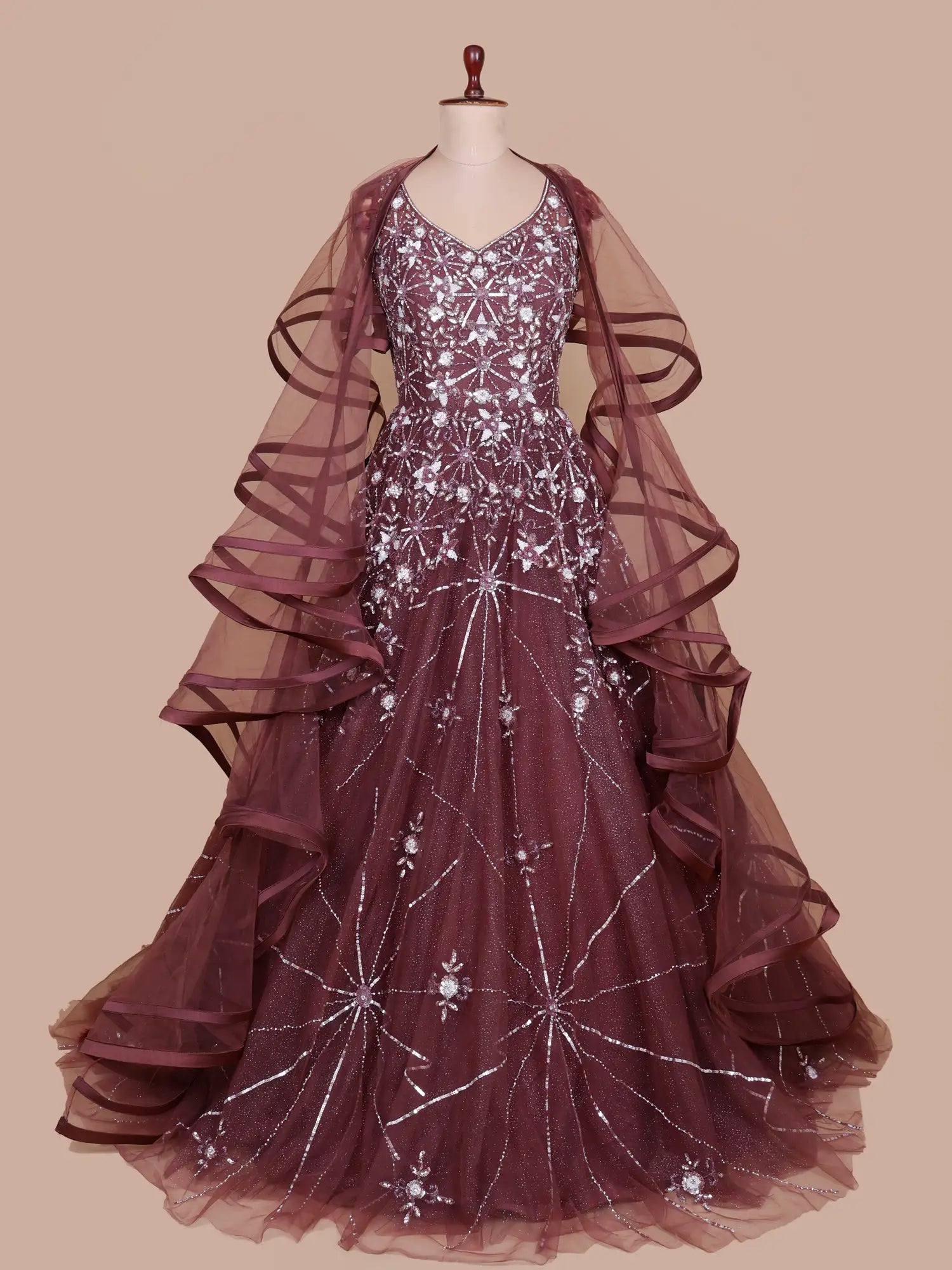 Luxury Maroon Long Couture Gown Accented By Feather And Diamond Work