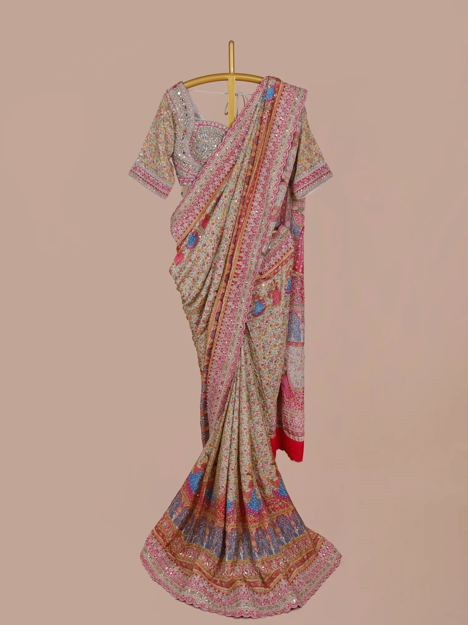 Shop Luxury Multicolor Silk Saree Online With Signature Pearl Diamond Art