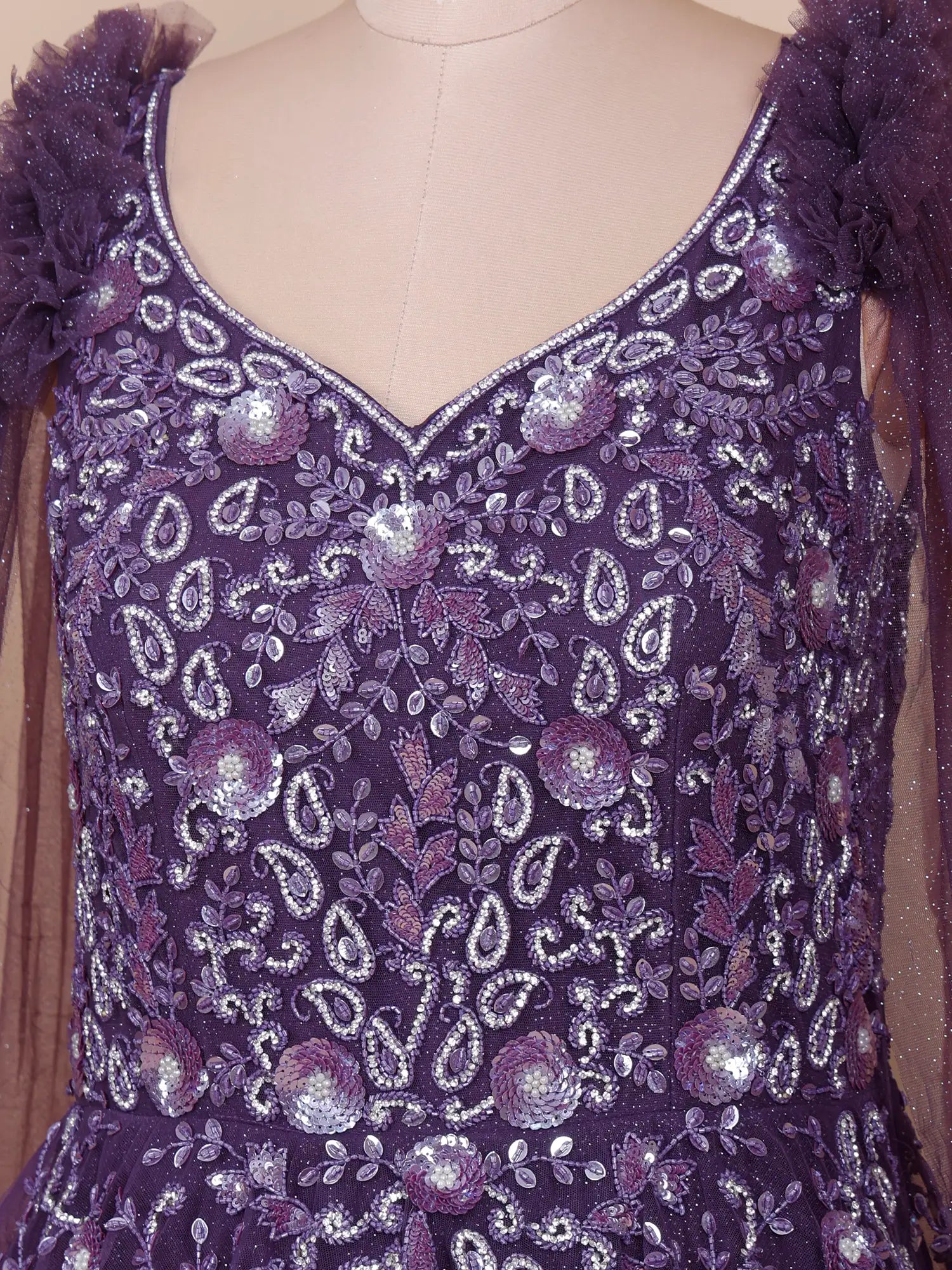 Purple Long Designer Gown Highlighting Pearl Diamond Work