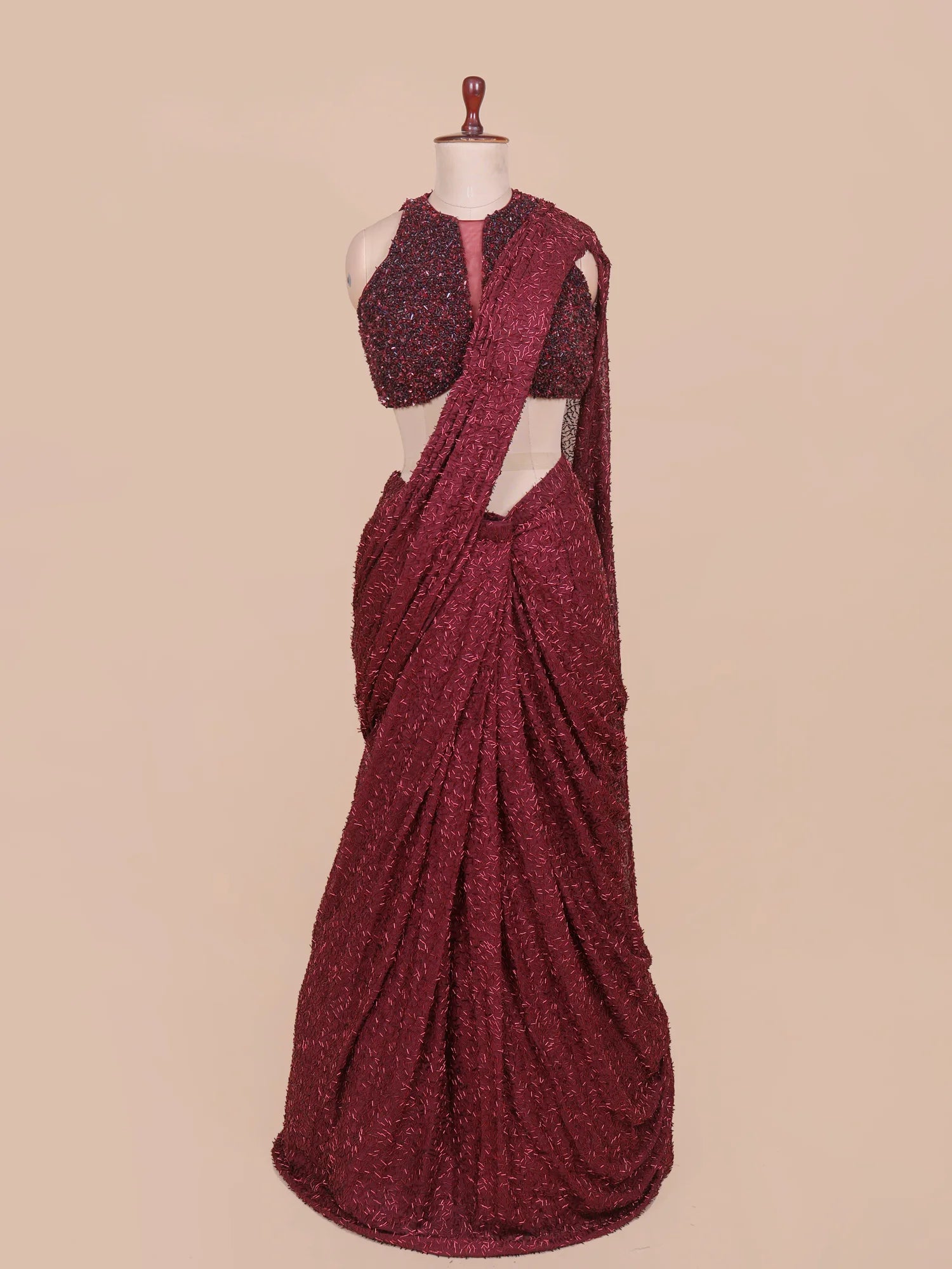 Maroon Designer Pre-Drape Saree Defined By Cut Dana Moti Work