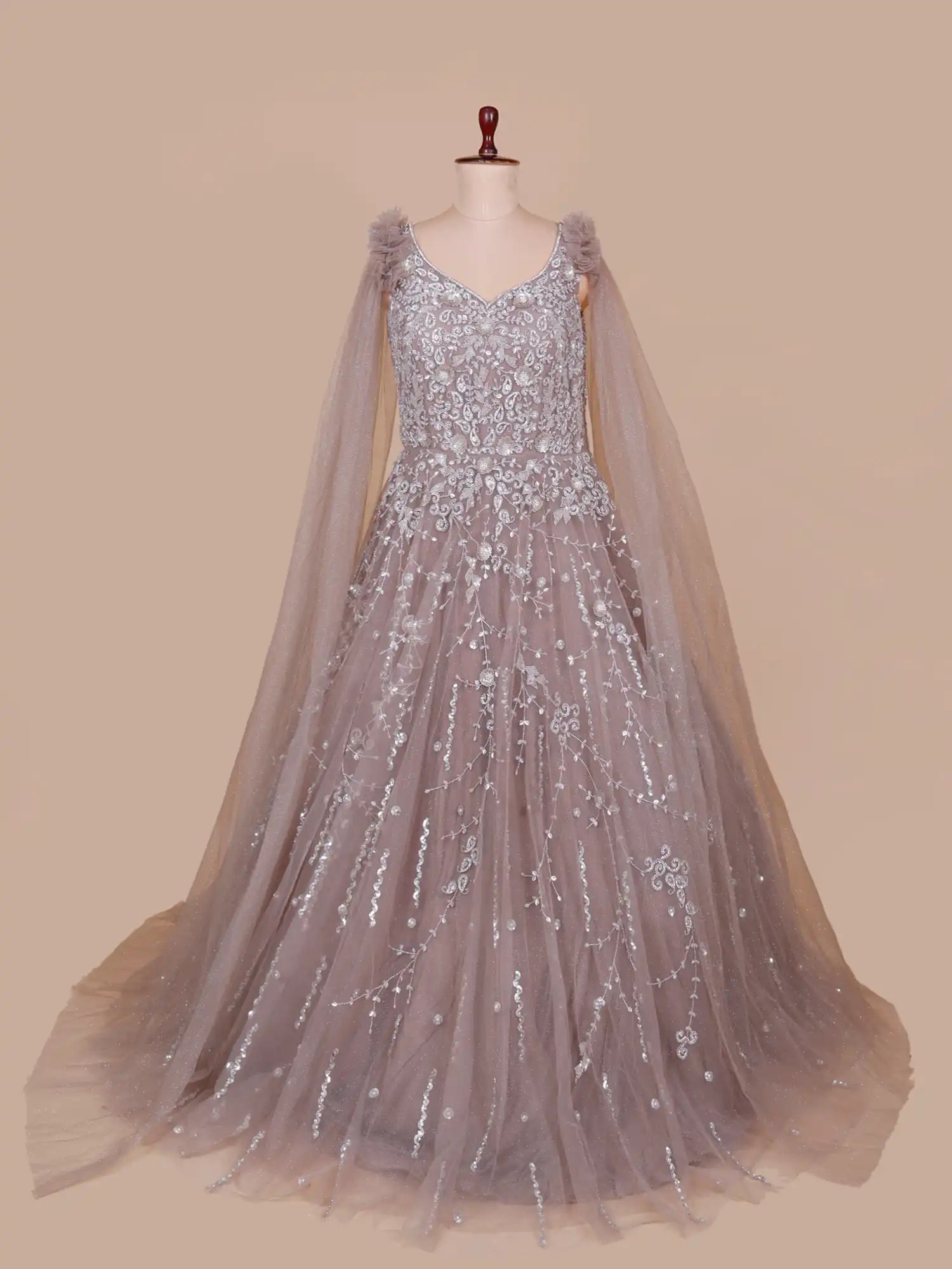 Onion Pink Designer Net Gown With Attached Dupatta and Sleeve Draping
