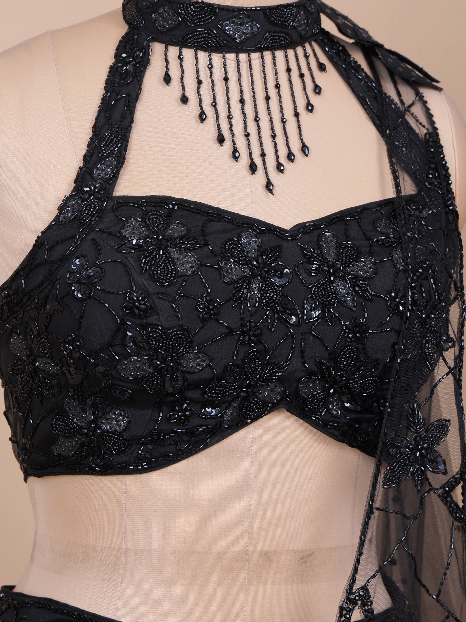 Own The Night In A Black Designer Drape Lehenga With Crystal Accents