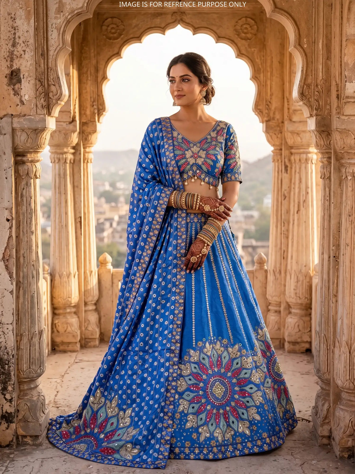 Royal Blue Designer Lehenga Choli Online with Multicolour Floral Mirror Work