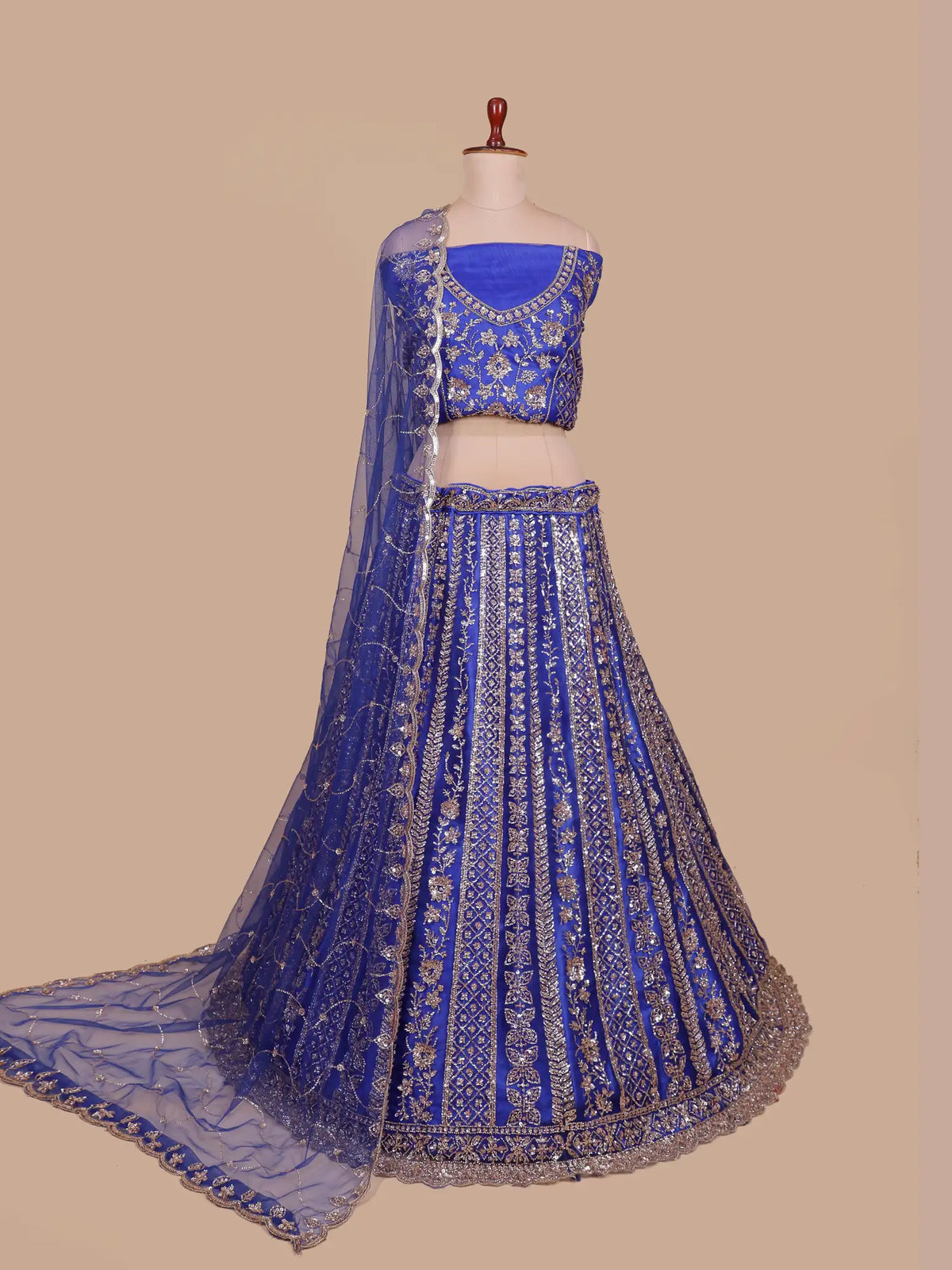Royal Blue Occasion Wear Lehenga with Vertical Sequin Floral Detailing