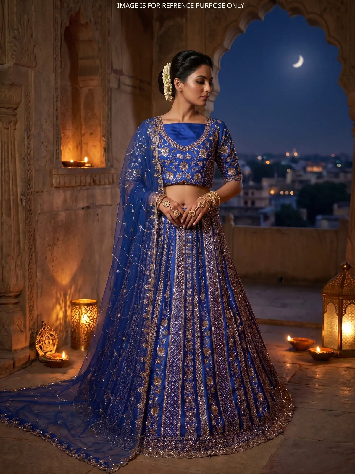 Royal Blue Occasion Wear Lehenga with Vertical Sequin Floral Detailing