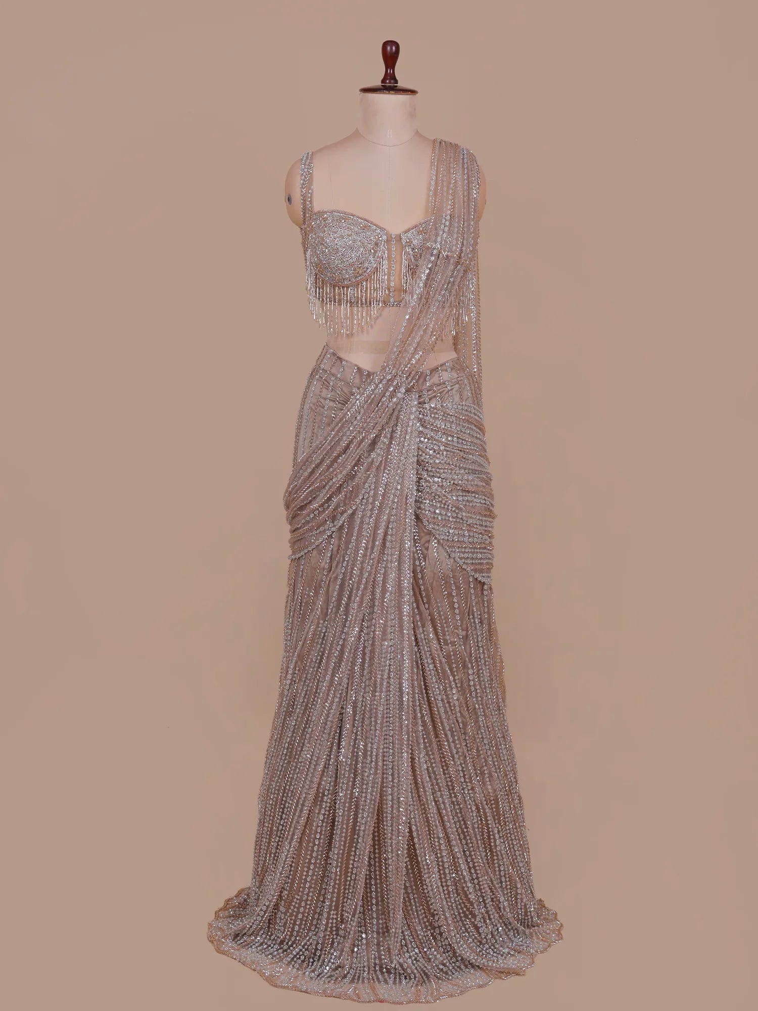 Champagne Designer Couture Drape Saree With Regal Elegance