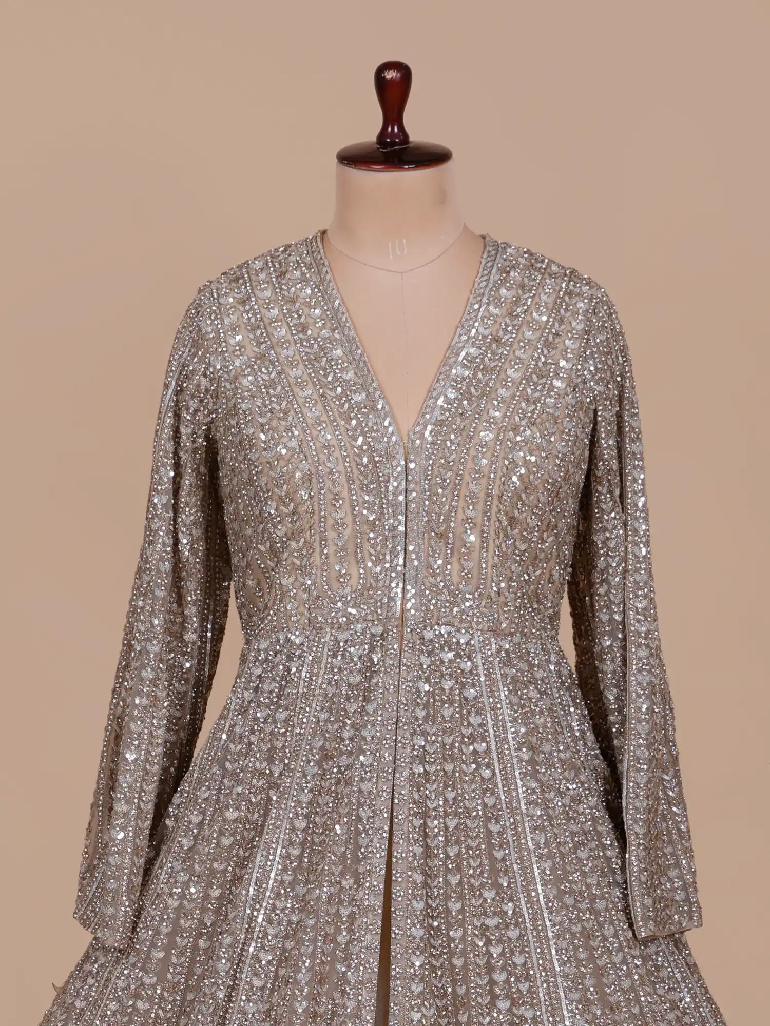 Champagne Designer Indo Western Lehenga With Sparkling Diamond Work
