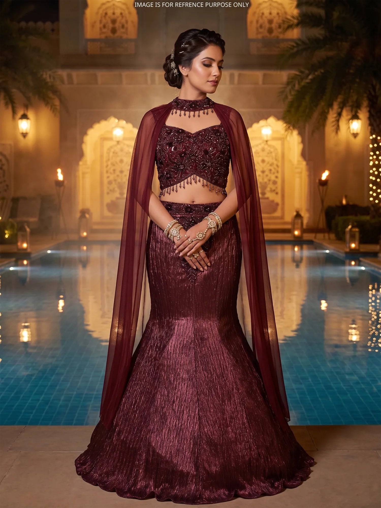 Royal Cherry Maroon Fishcut Lehenga With Crystal Design