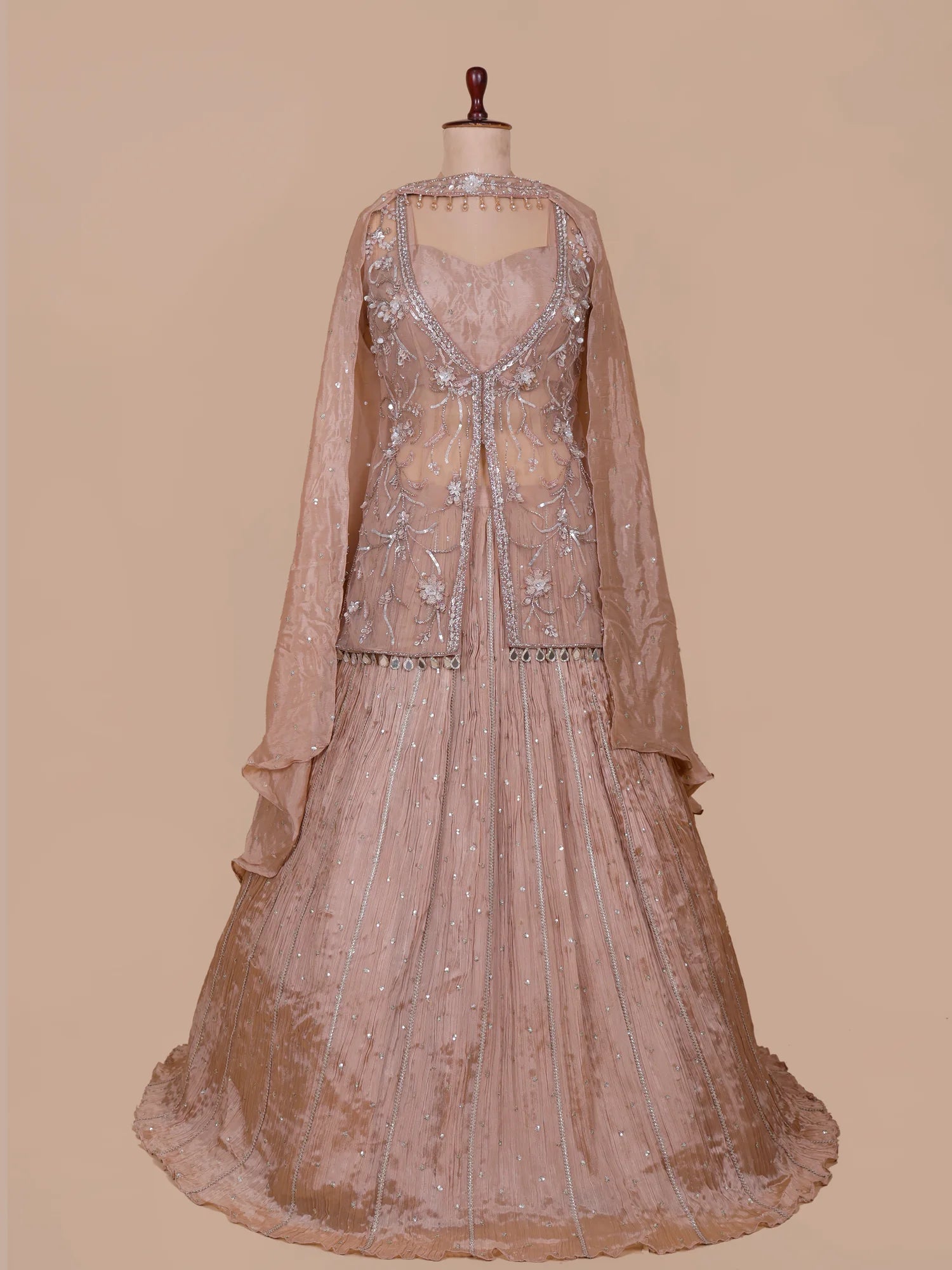 Buy Premium Chickoo Designer Shrug Lehenga With Luxurious Sparkle