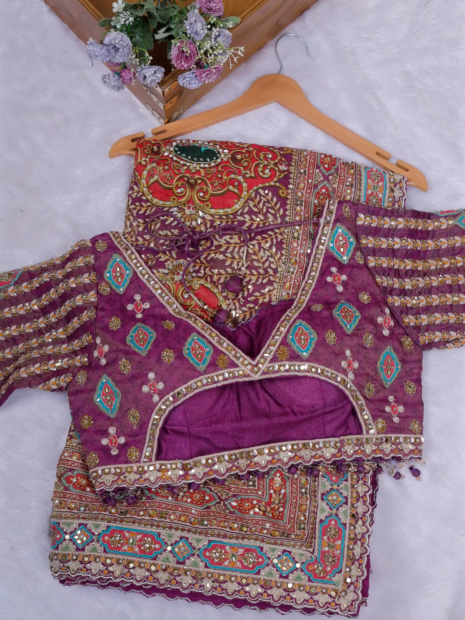 Shop Enchanting Dark Magenta Printed Crepe Saree Online Store With Mirror Handwork