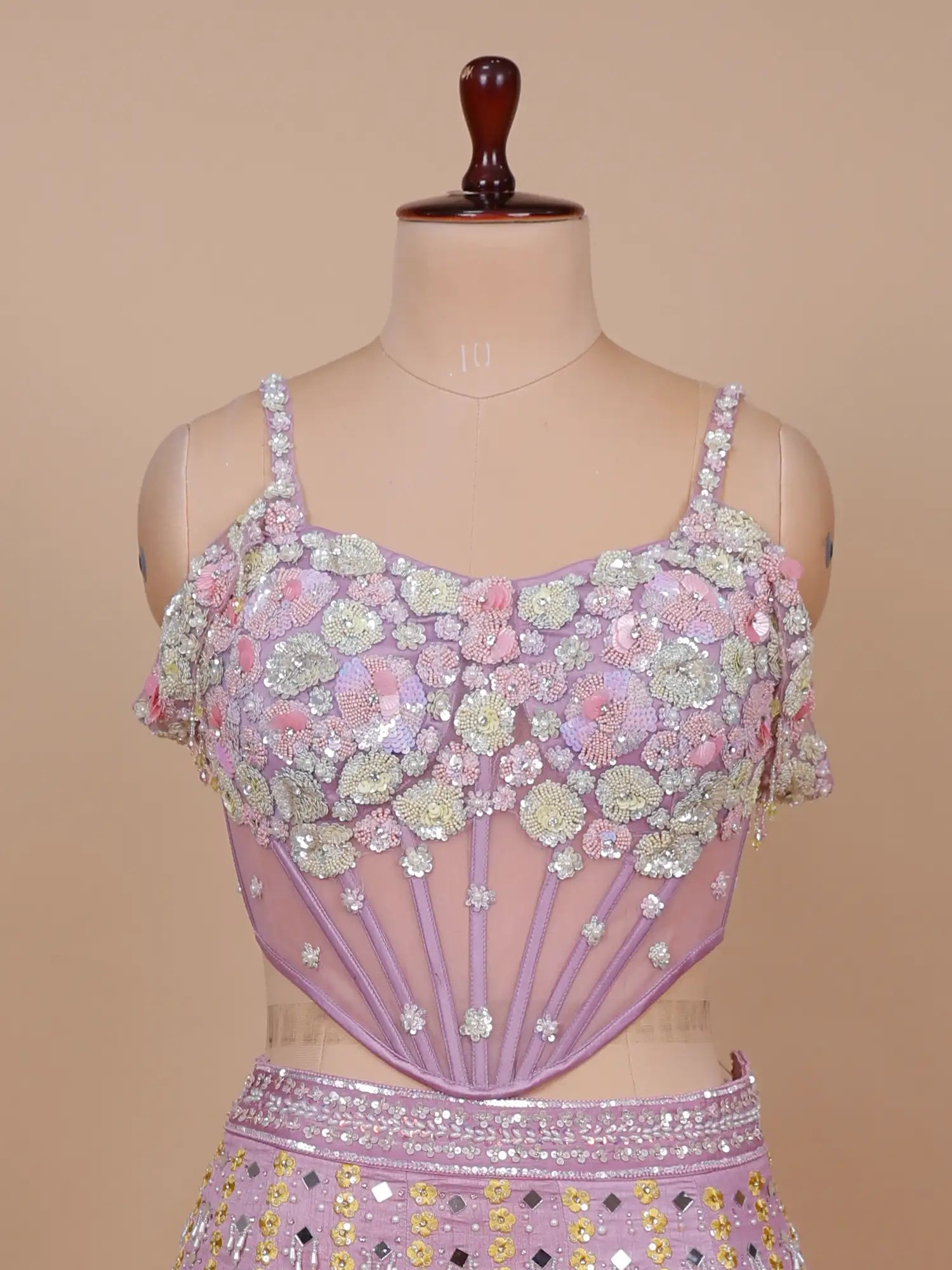 Stylish Lilac Party Wear Silk Lehenga Mirror Diamond Design