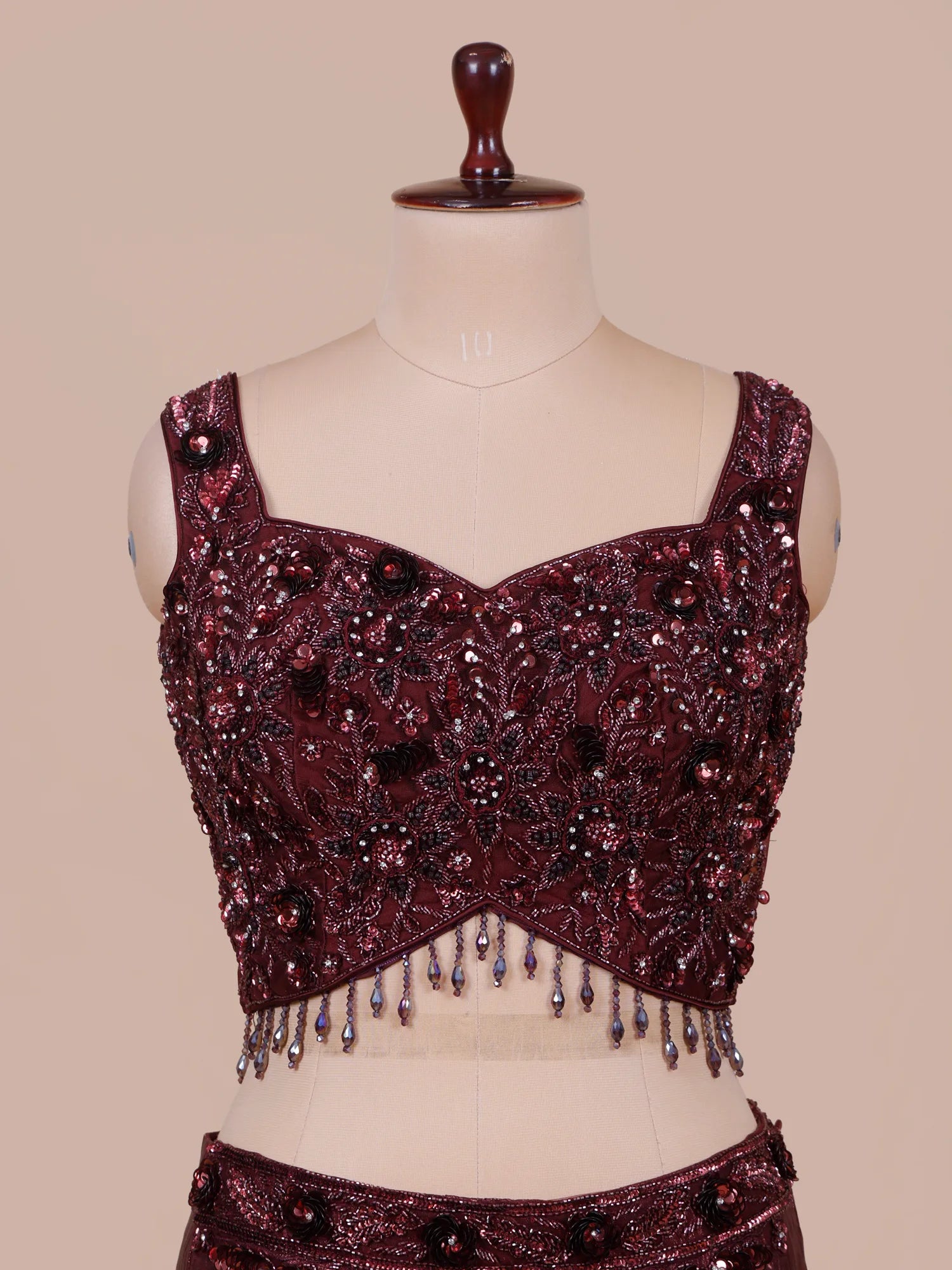Royal Cherry Maroon Fishcut Lehenga With Crystal Design