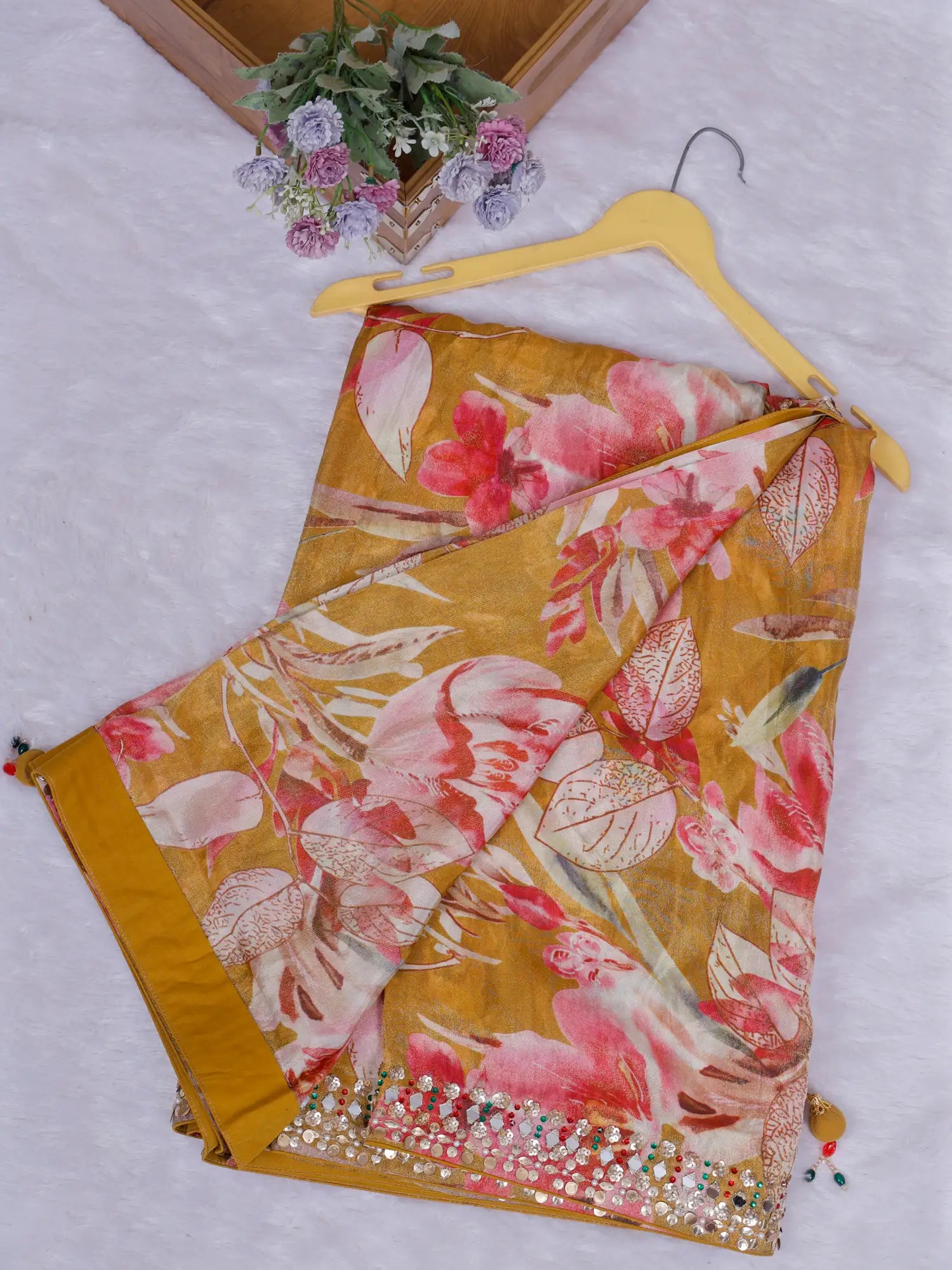 Explore Prestige Mustard Crepe Saree Online With Designer Embellishments
