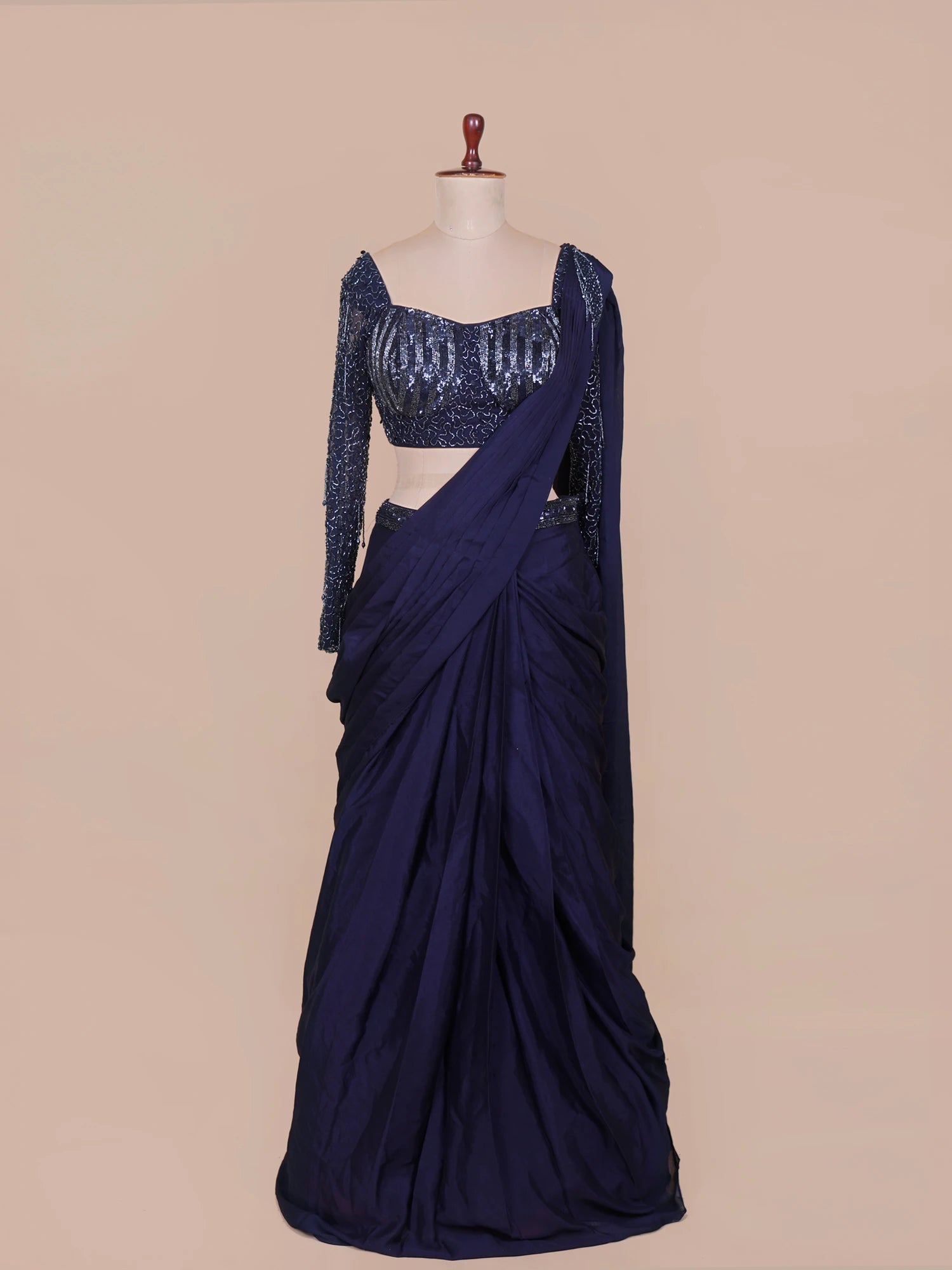 Designer Navy Blue Chinon Drape Saree For Women