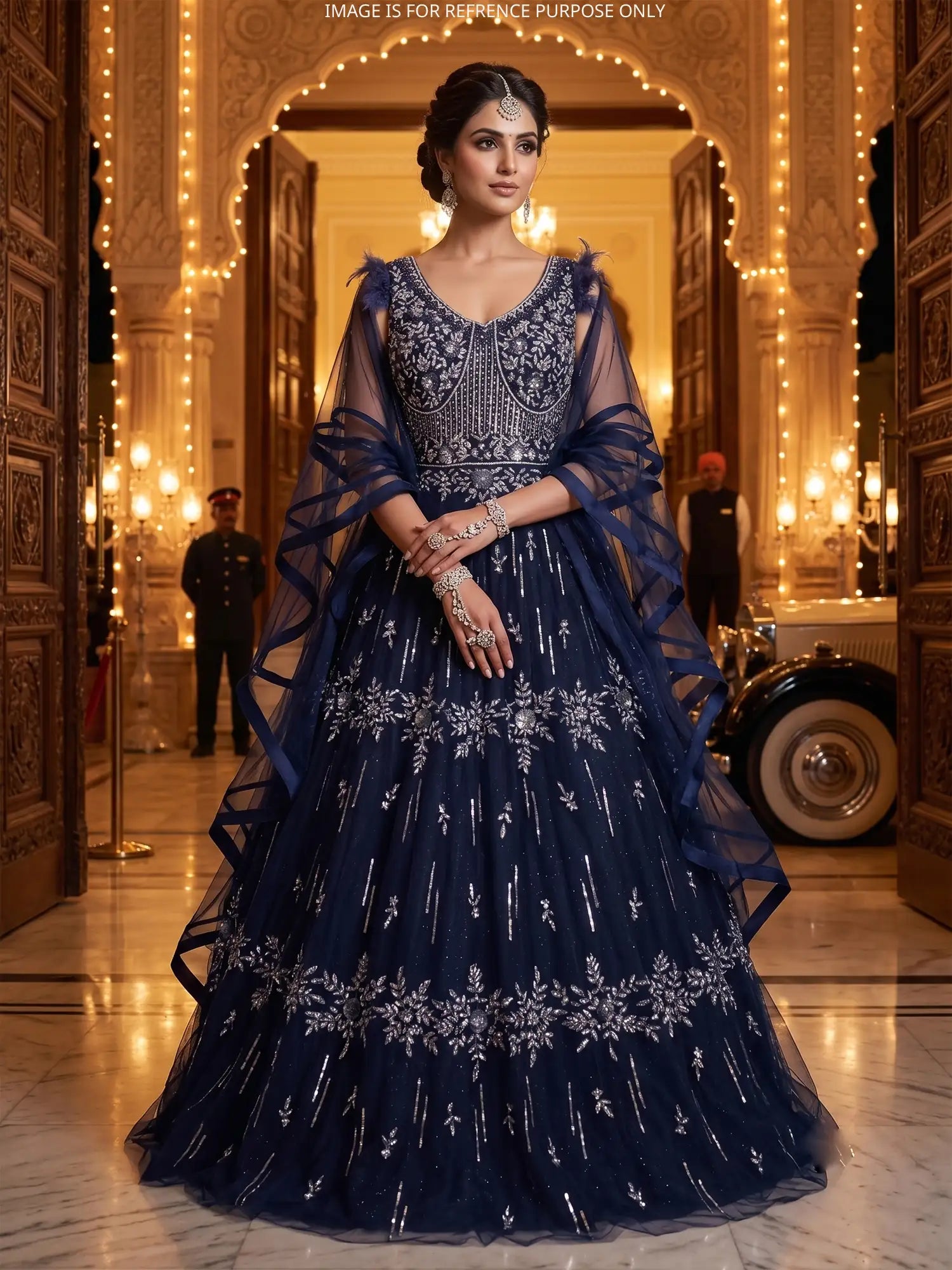 Royal Navy Blue Designer Net Long Gown For Grand Occasions