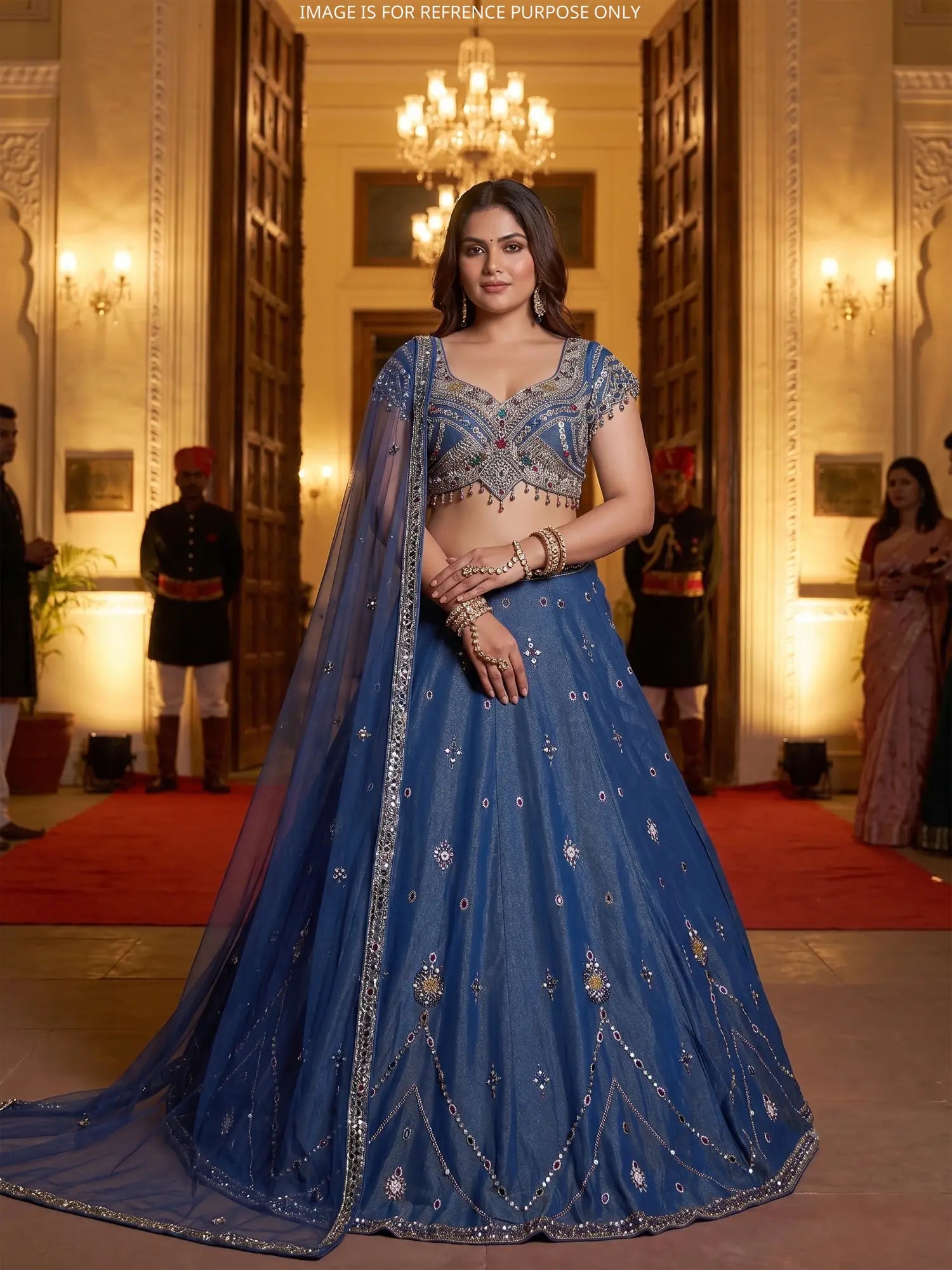 Royal Navy Blue Shimmer Organza Lehenga With Signature Gemstone Finish