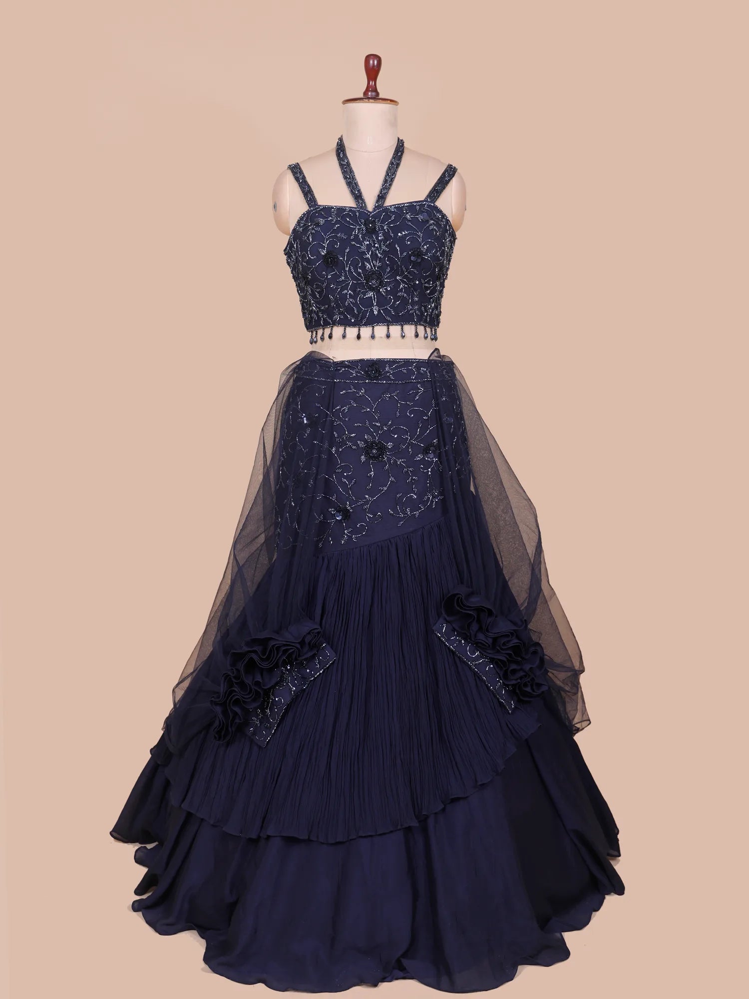 Navy Blue Couture Chinon Fishcut Lehenga With Light-Catching Crystal Work