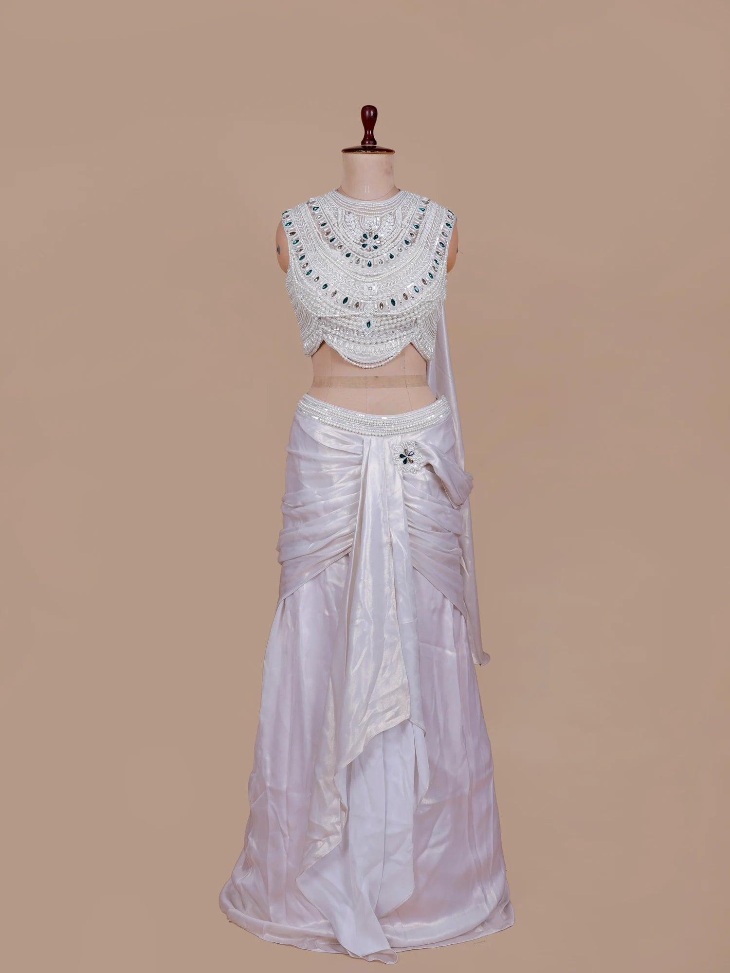 Buy Prestige Off White Imported Silk Ready To Wear Saree