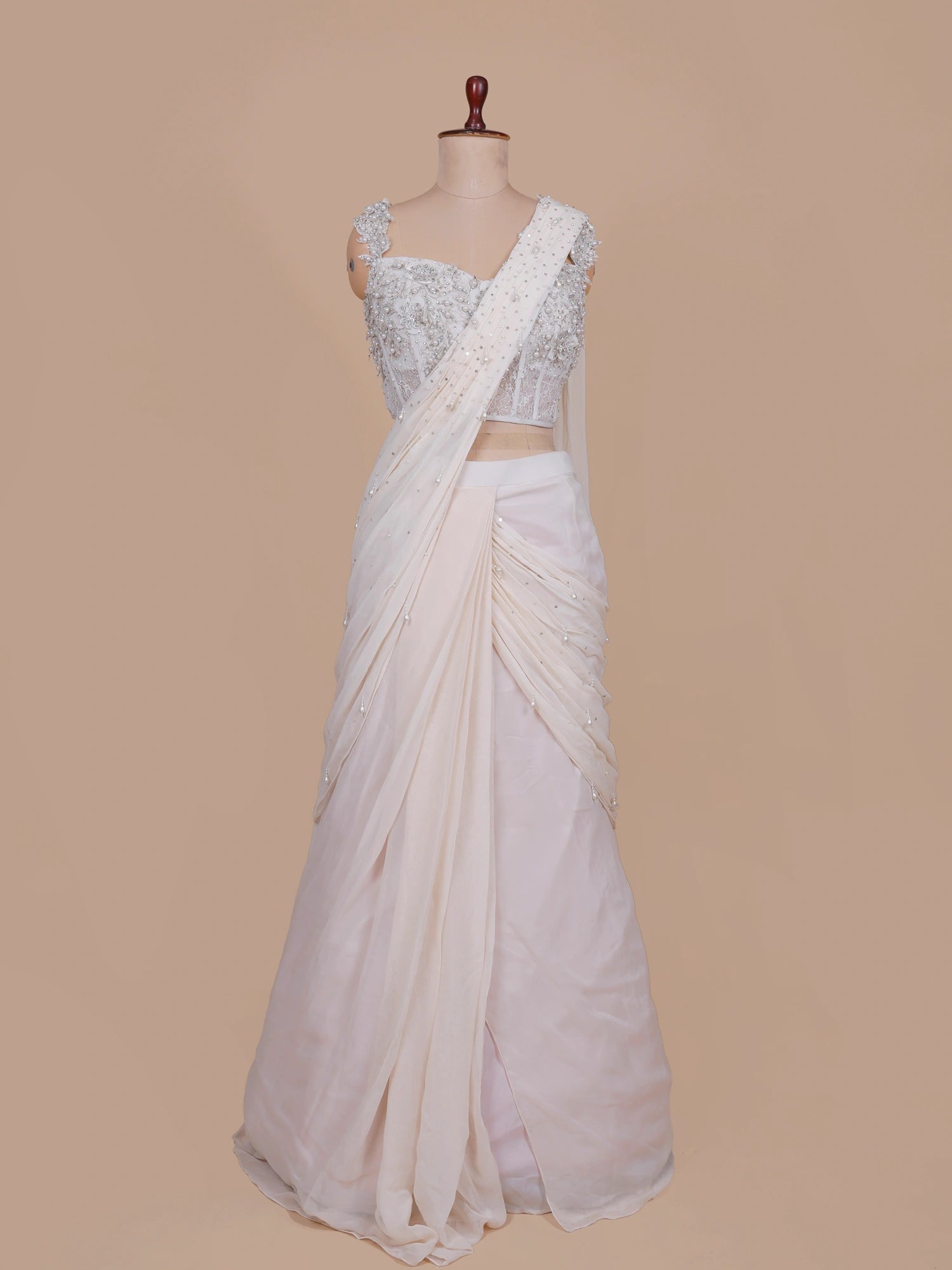 Buy Premium Off White Drape Saree With Signature Pearl Work