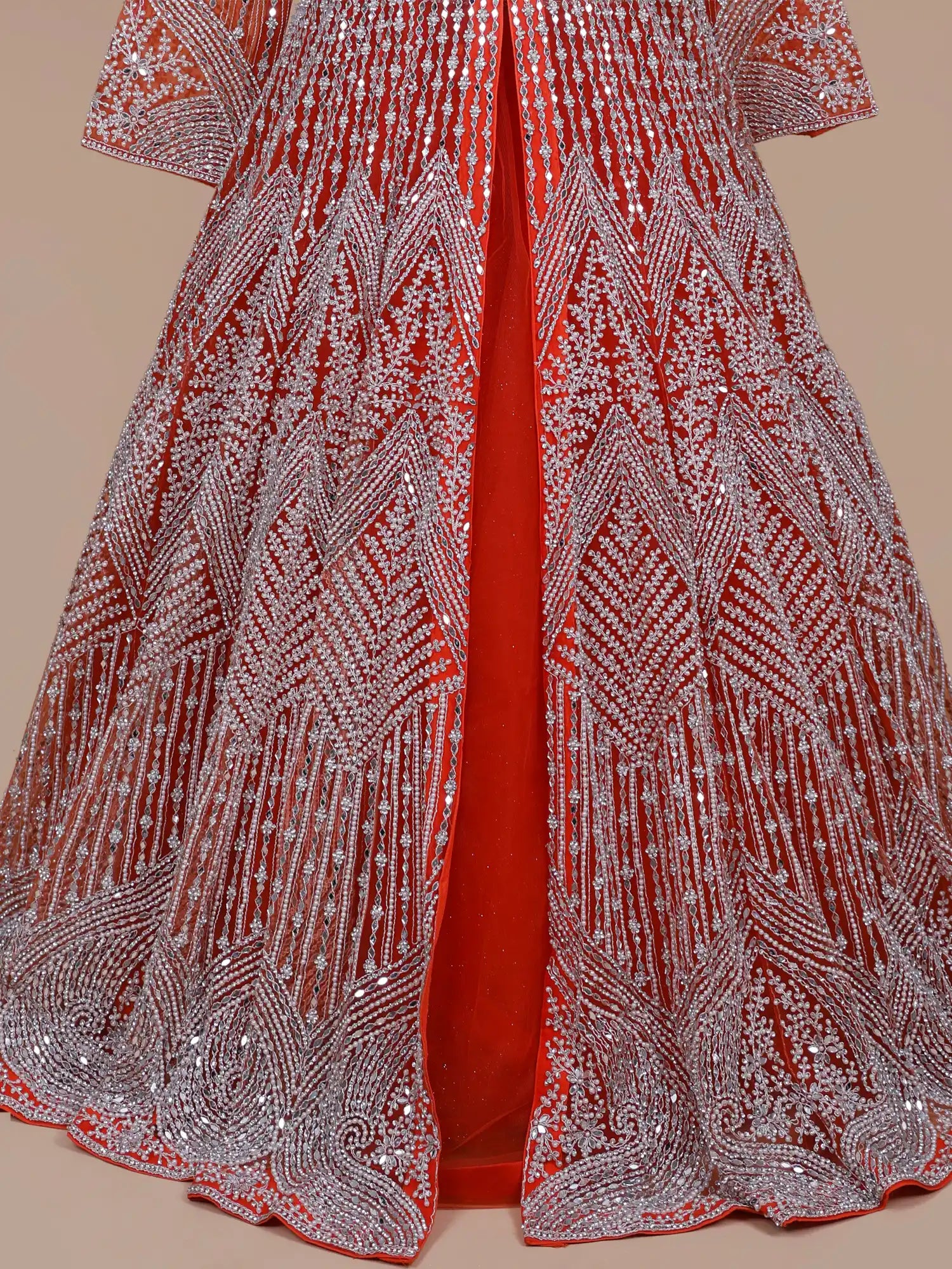 Buy Masterpiece Orange Net Indo-Western Lehenga For Grand Celebrations