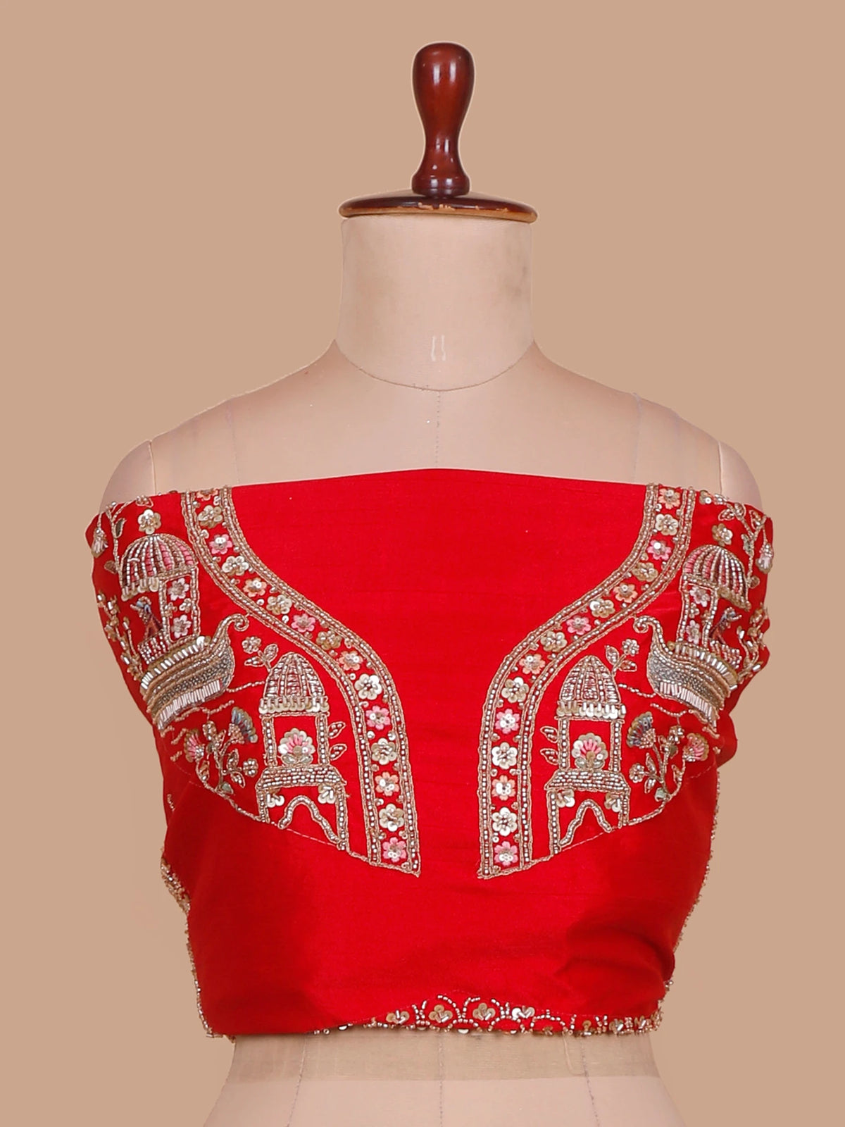Crimson Red Silk Bridal Lehenga Featuring Architectural and Wildlife Designs