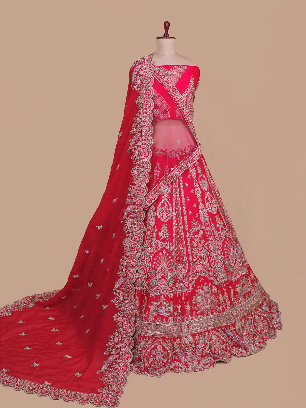 Luxury Rani Red Silk Lehenga with Doli Ceremony and Peacock Embroidery