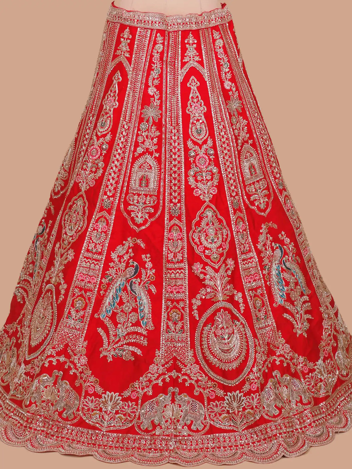 Scarlet Silk Lehenga Showcasing Royal Architecture and Bird Motifs