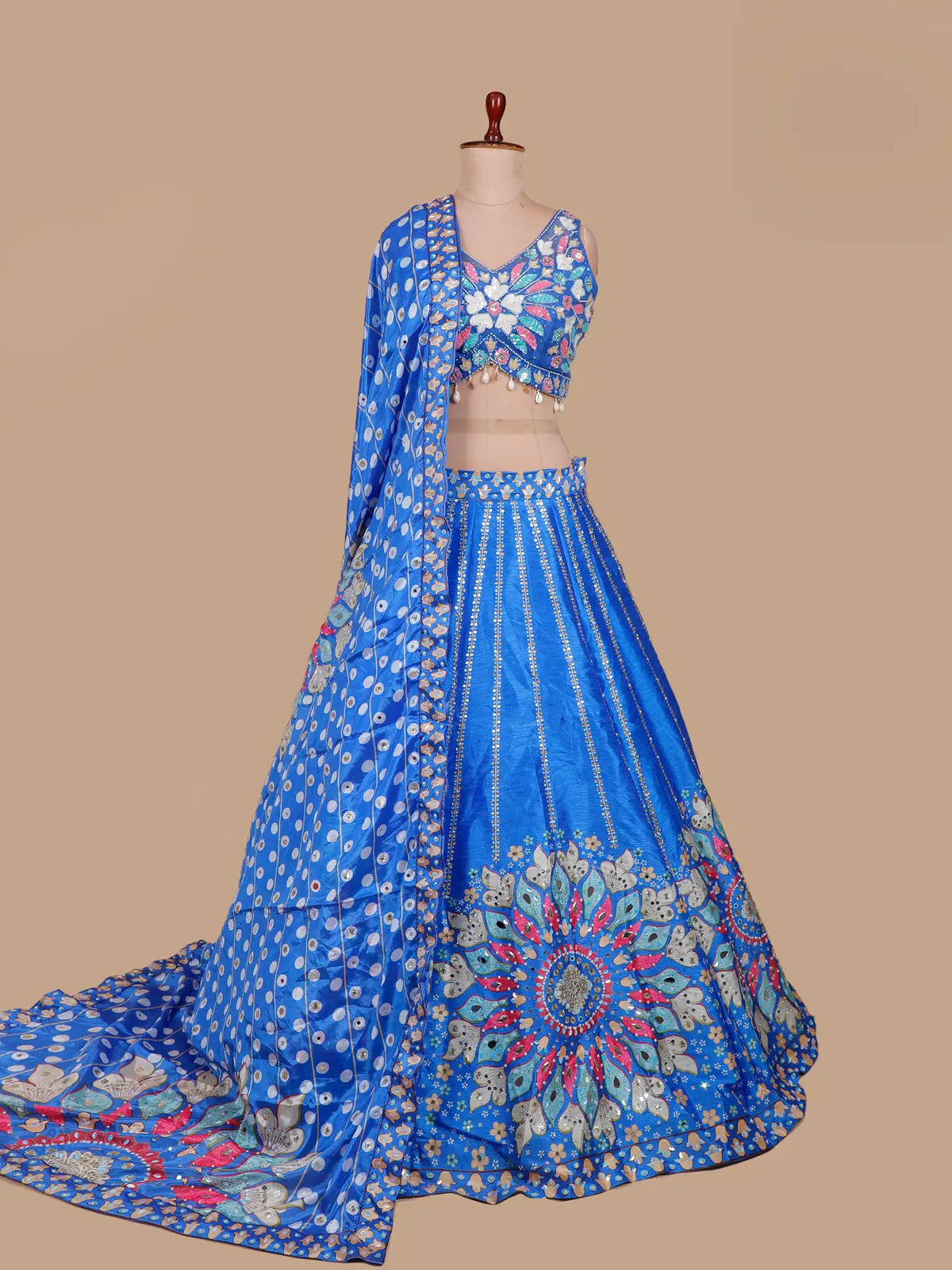 Royal Blue Designer Lehenga Choli Online with Multicolour Floral Mirror Work