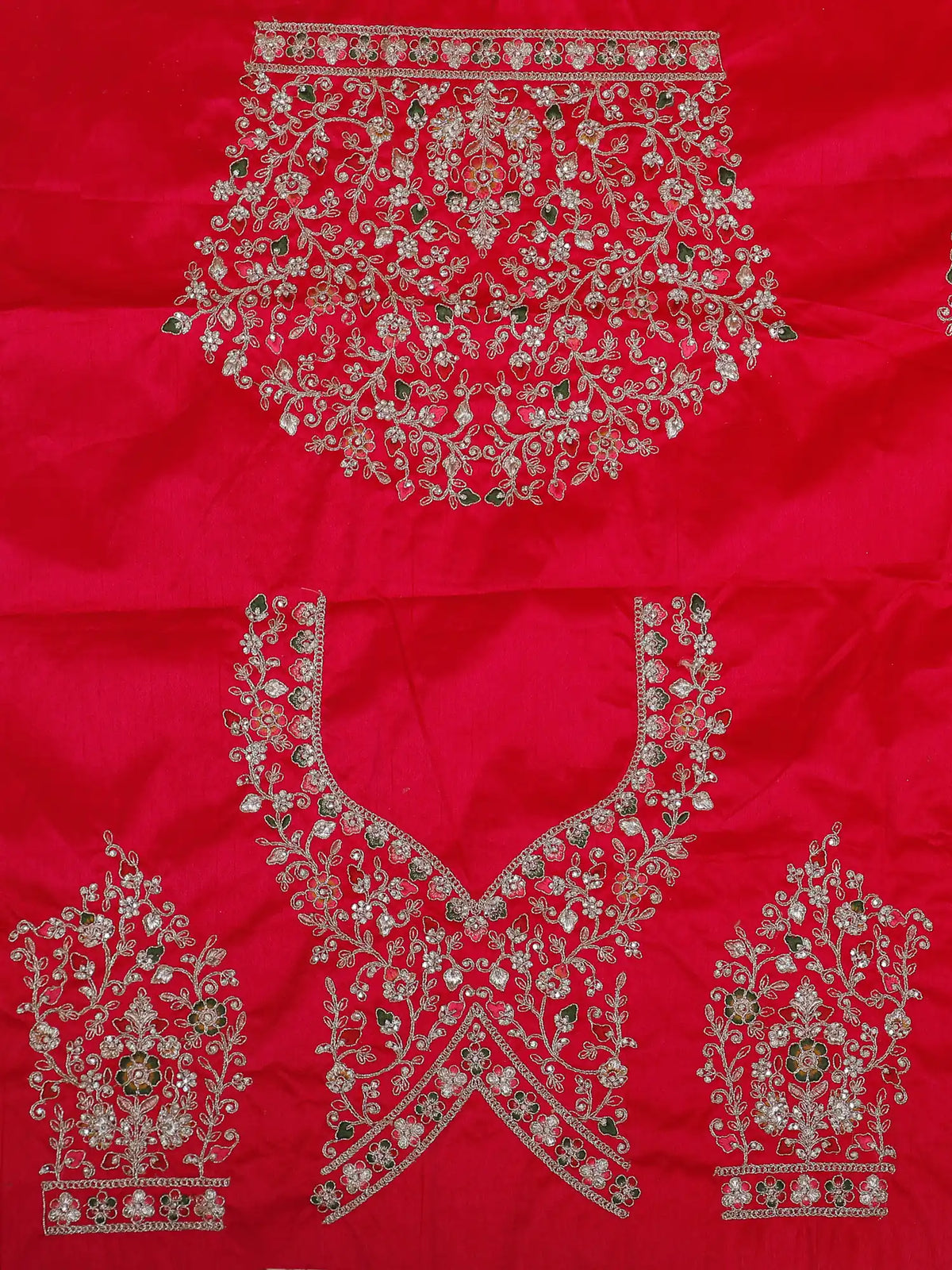 Bridal Ruby Silk Lehenga Featuring Layered Floral Embroidery Work