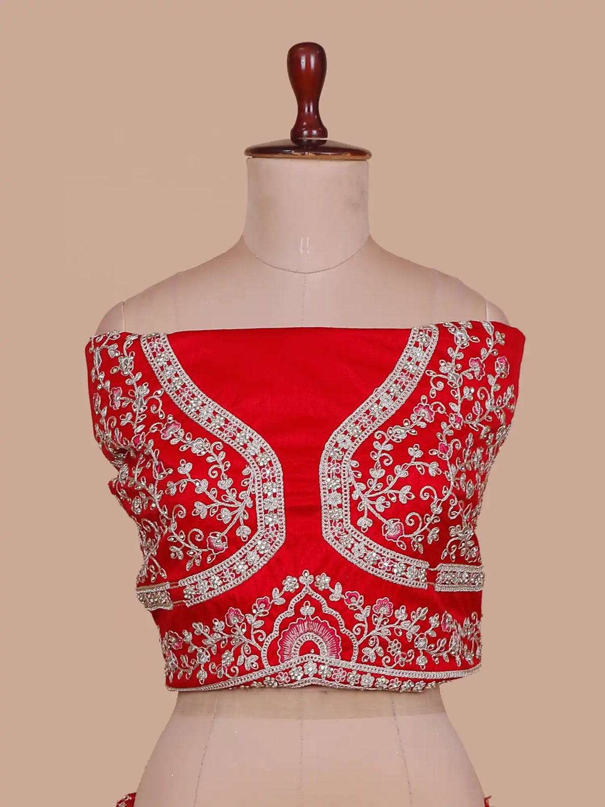 Bridal Ruby Silk Lehenga Featuring Layered Floral Embroidery Work