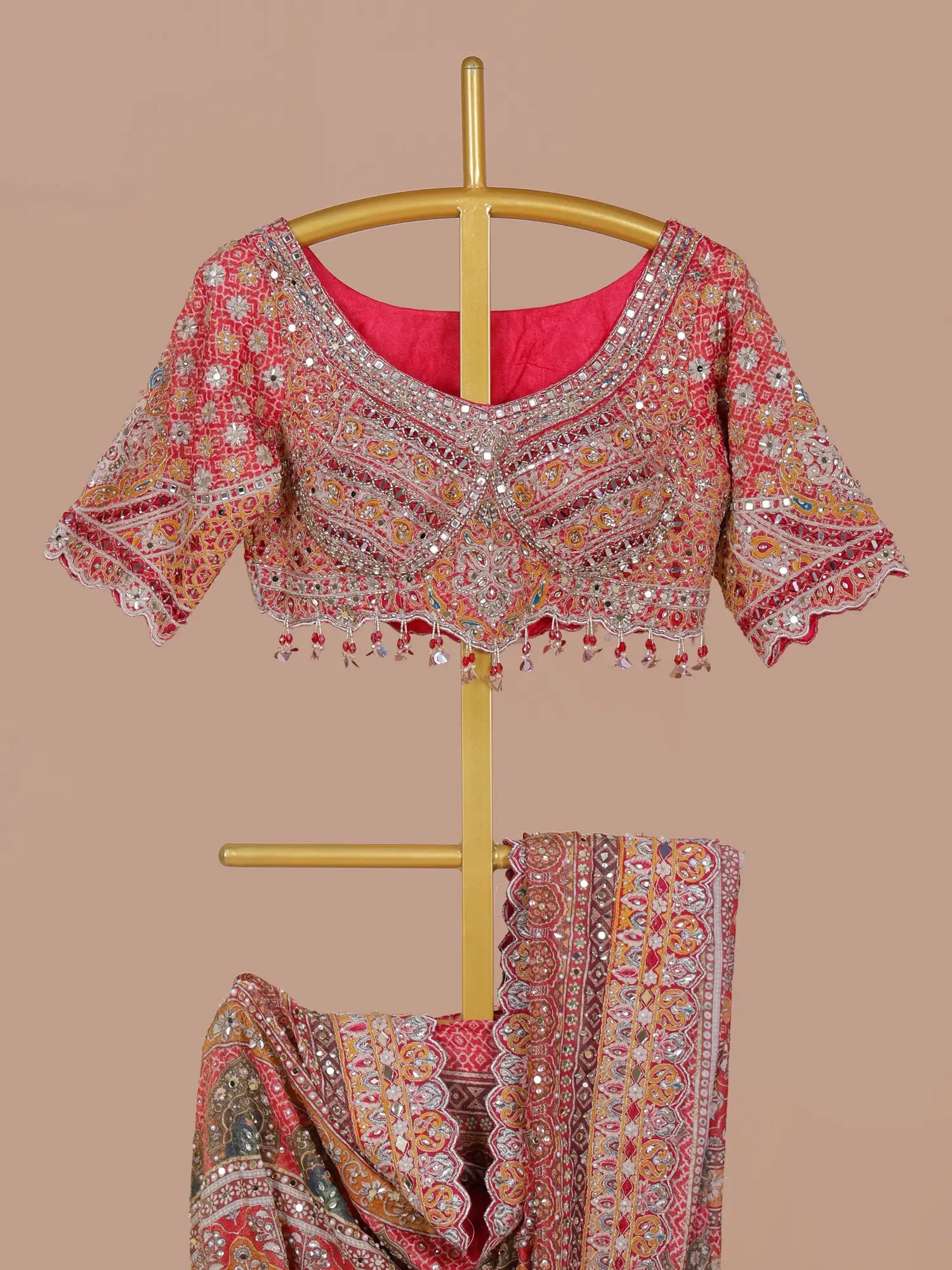 Red Printed Silk Saree Accented By Aari Dori Embroidery