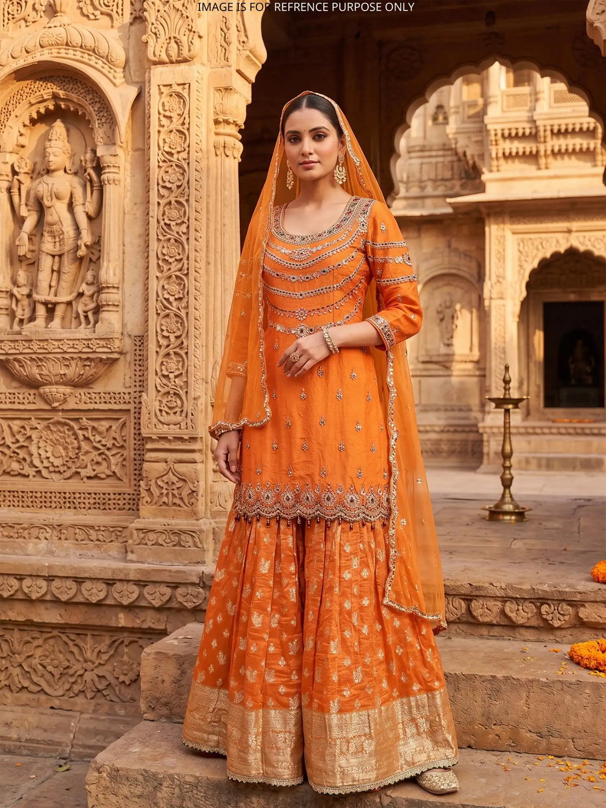 Rust Orange Banarasi Silk Shimmer Palazzo Set with Crystal Stone Detailing